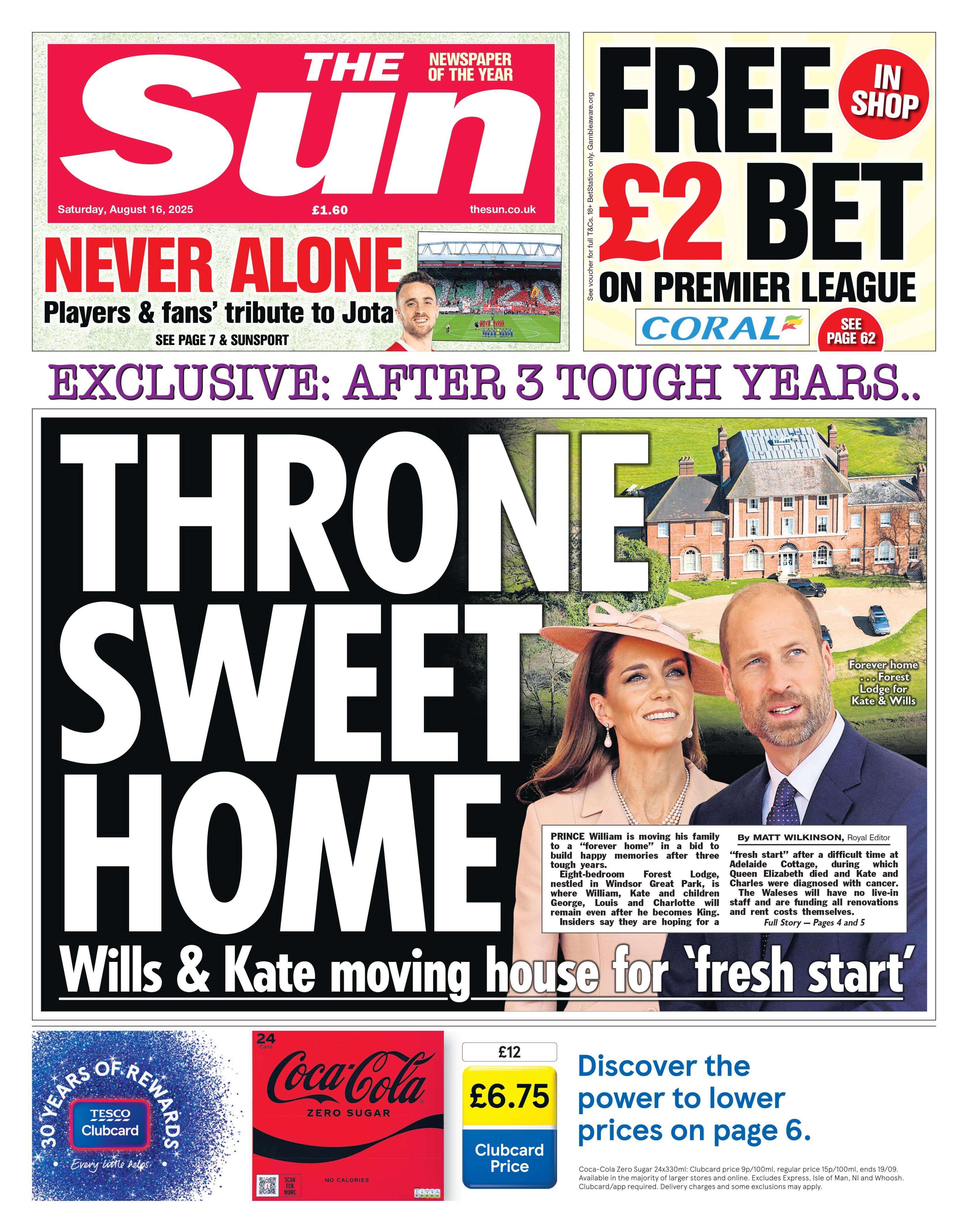 The headline on the front page of the Sun reads: "Throne sweet home".