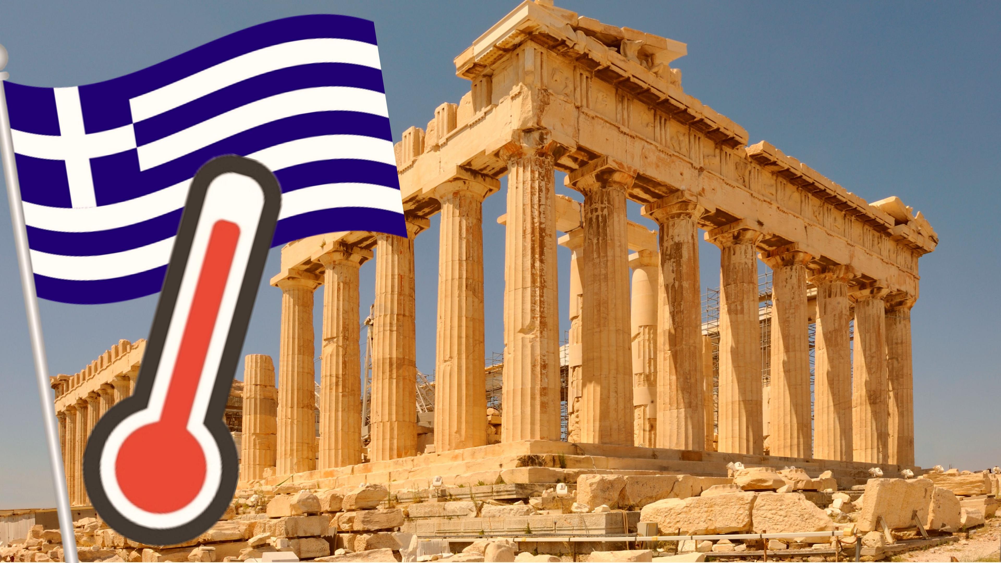 Acropolis with a Greek flag and thermometer. 