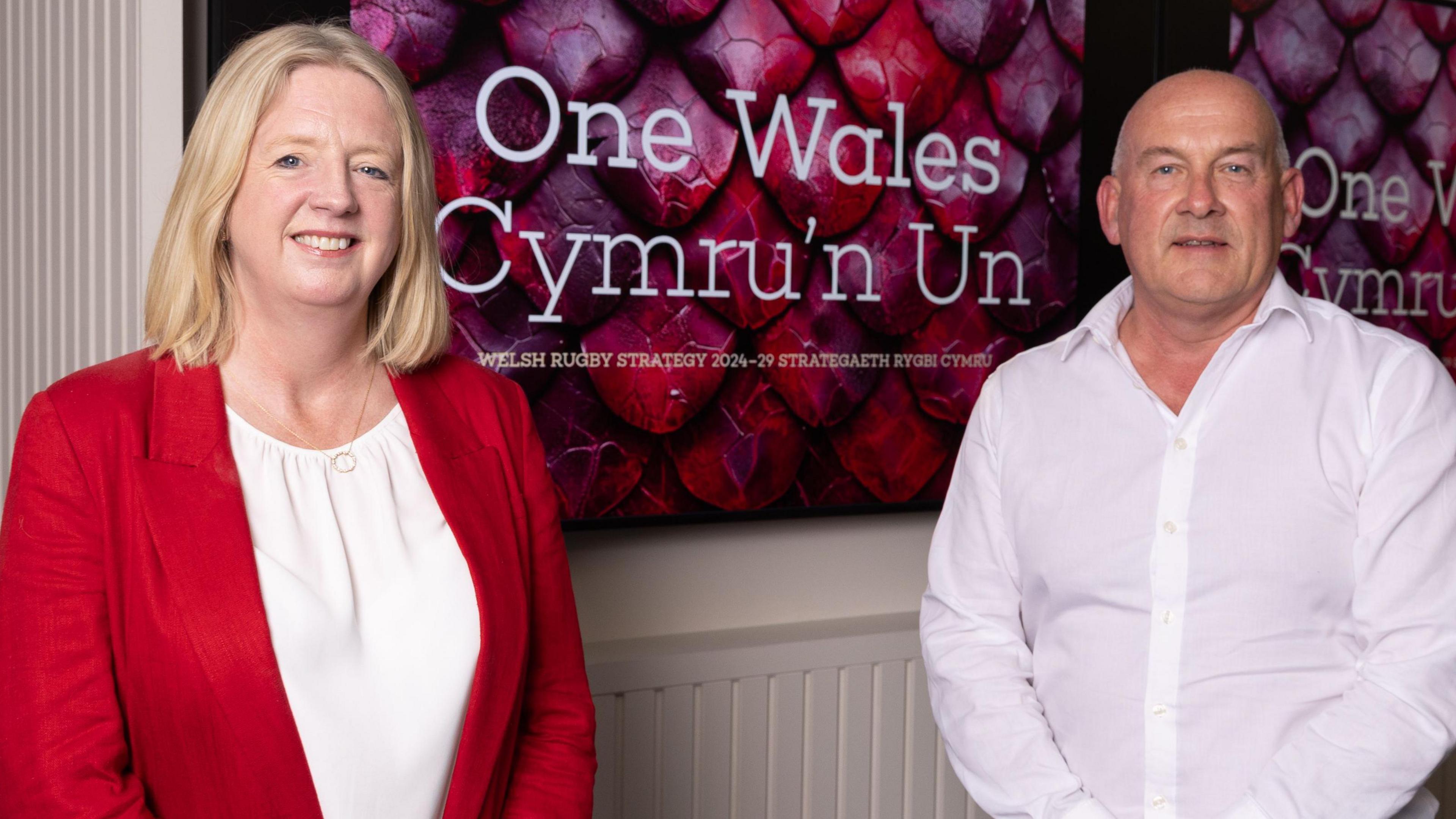 Welsh Rugby Union chief executive Abi Tierney and chair Richard Collier-Keywood launching a new strategy in June 2024