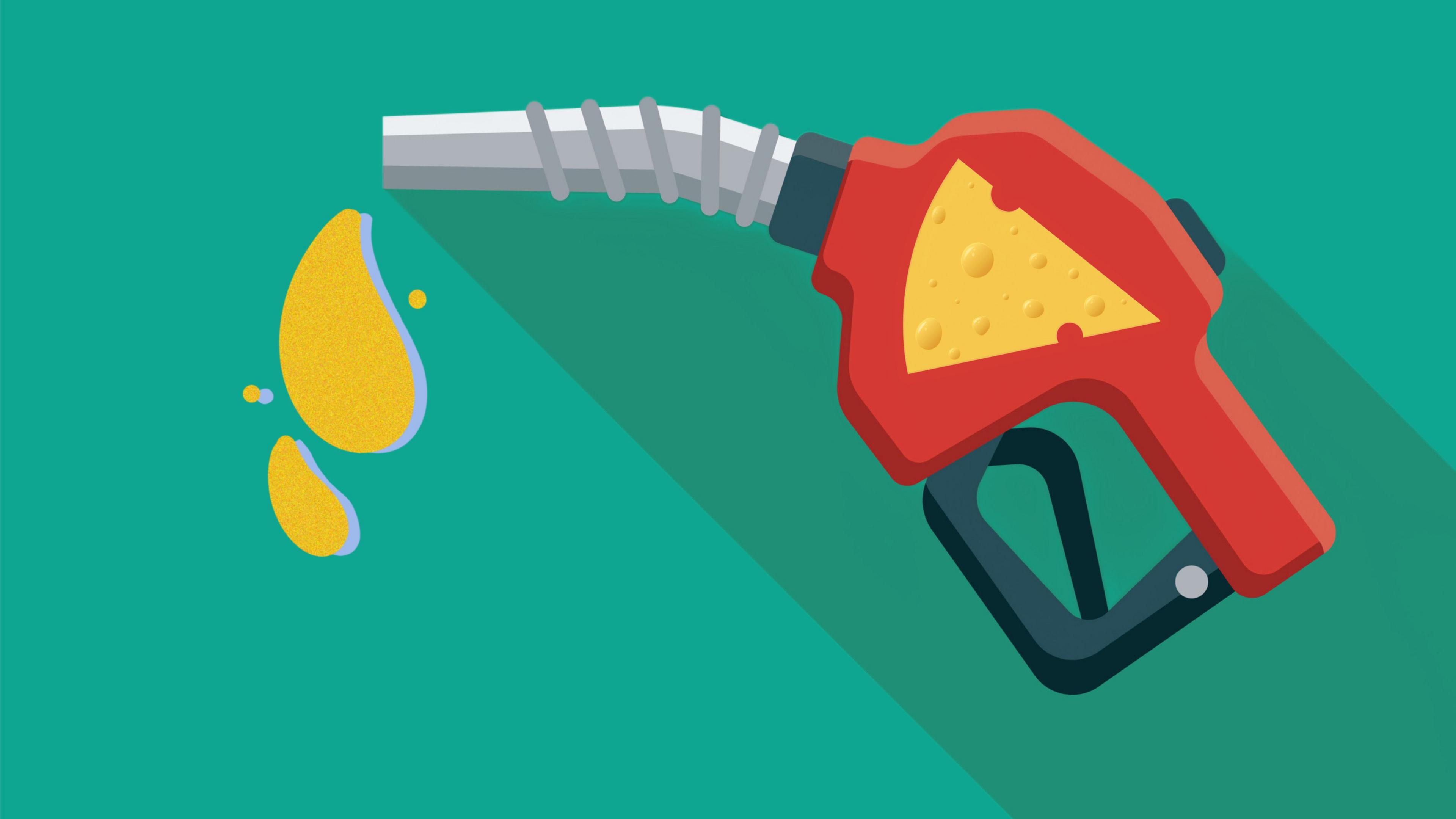 A red illustrated fuel hand pump with an illustrated image of cheese on it with two yellow droplets coming from the nozzle on a green background.