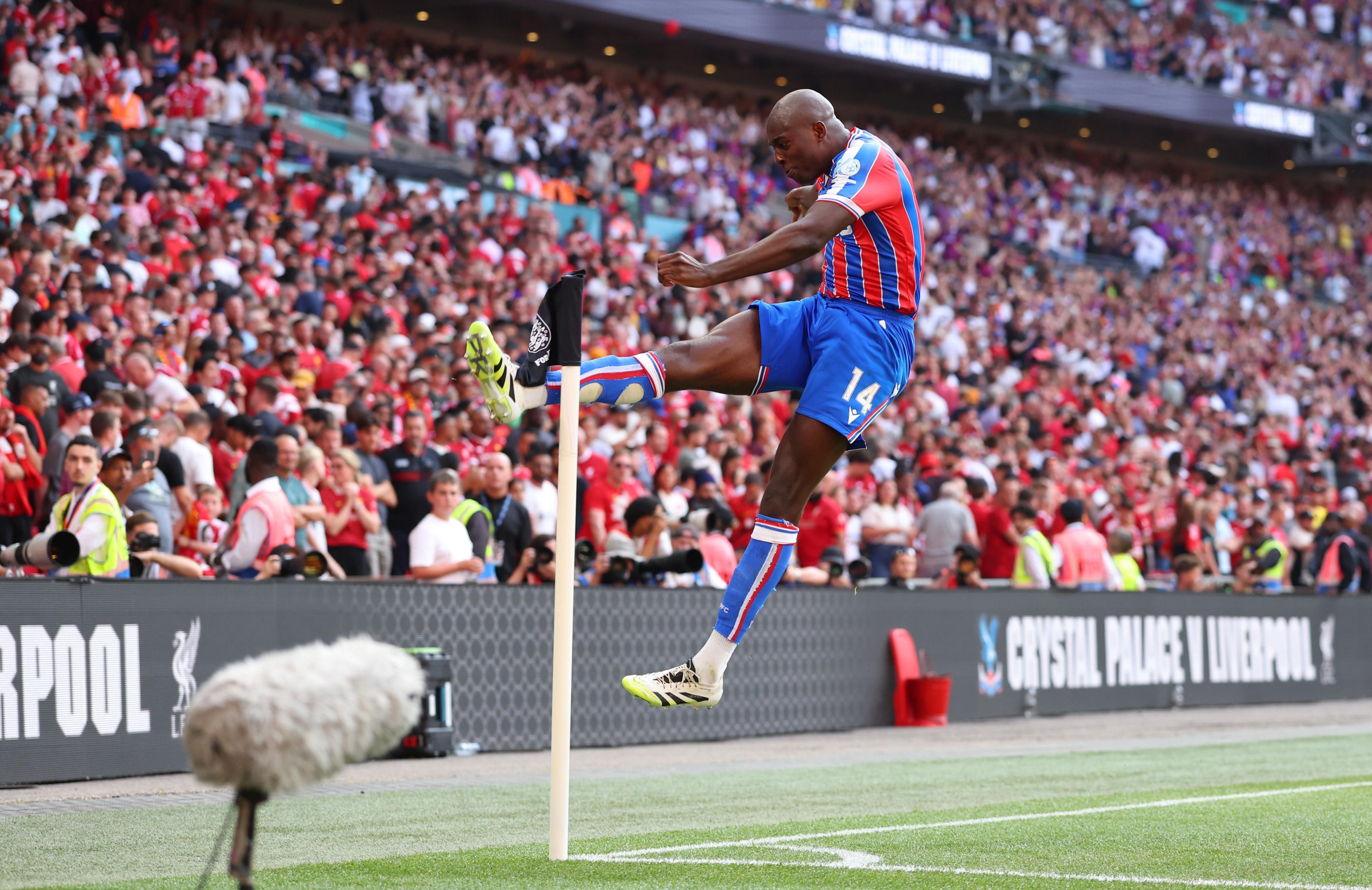 Crystal Palace's Jean-Phillippe Mateta celebrates after winning the penalty shootout. Photo by Marc Atkins