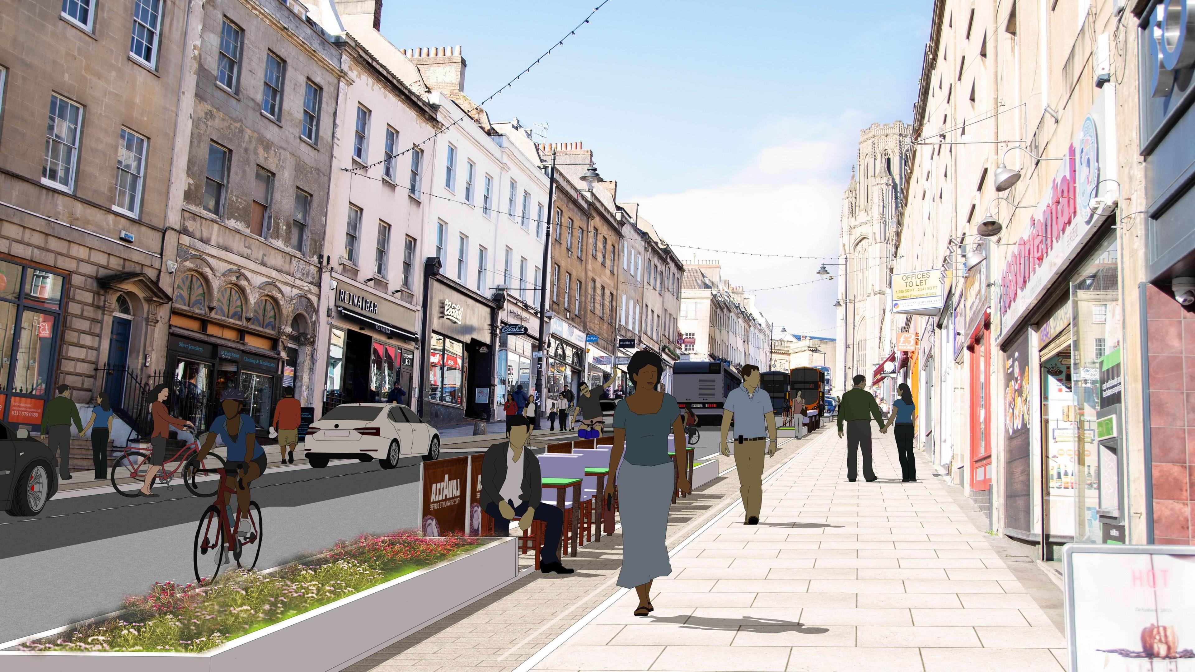 A visualisation of what Park Street could look like if the plans go ahead. The pavement is wider, with outdoor seating and planters. The image shows two cyclists travelling on the road, an a couple of cars parked on the side. 