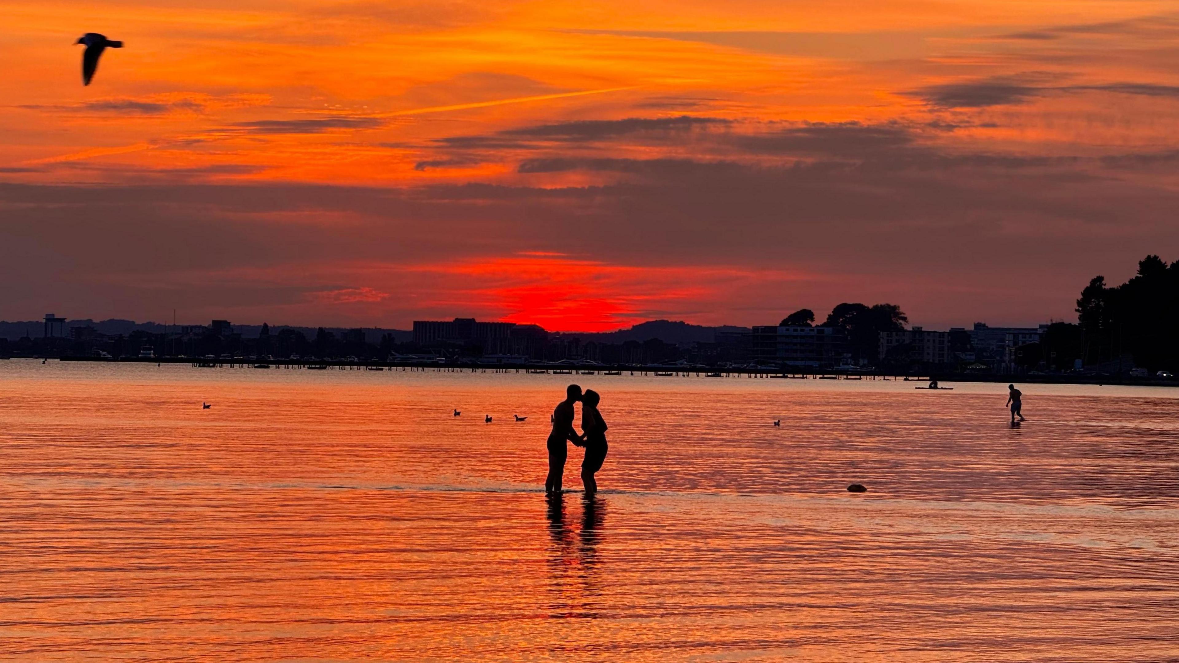 A couple can be seen in silhouette standing knee deep in the sea kissing. They are bathed in orange light from a setting sun which is disappearing behind the townscape horizon of trees and buildings. One person can be seen in background walking through the water. A bird is flying through the sky above.