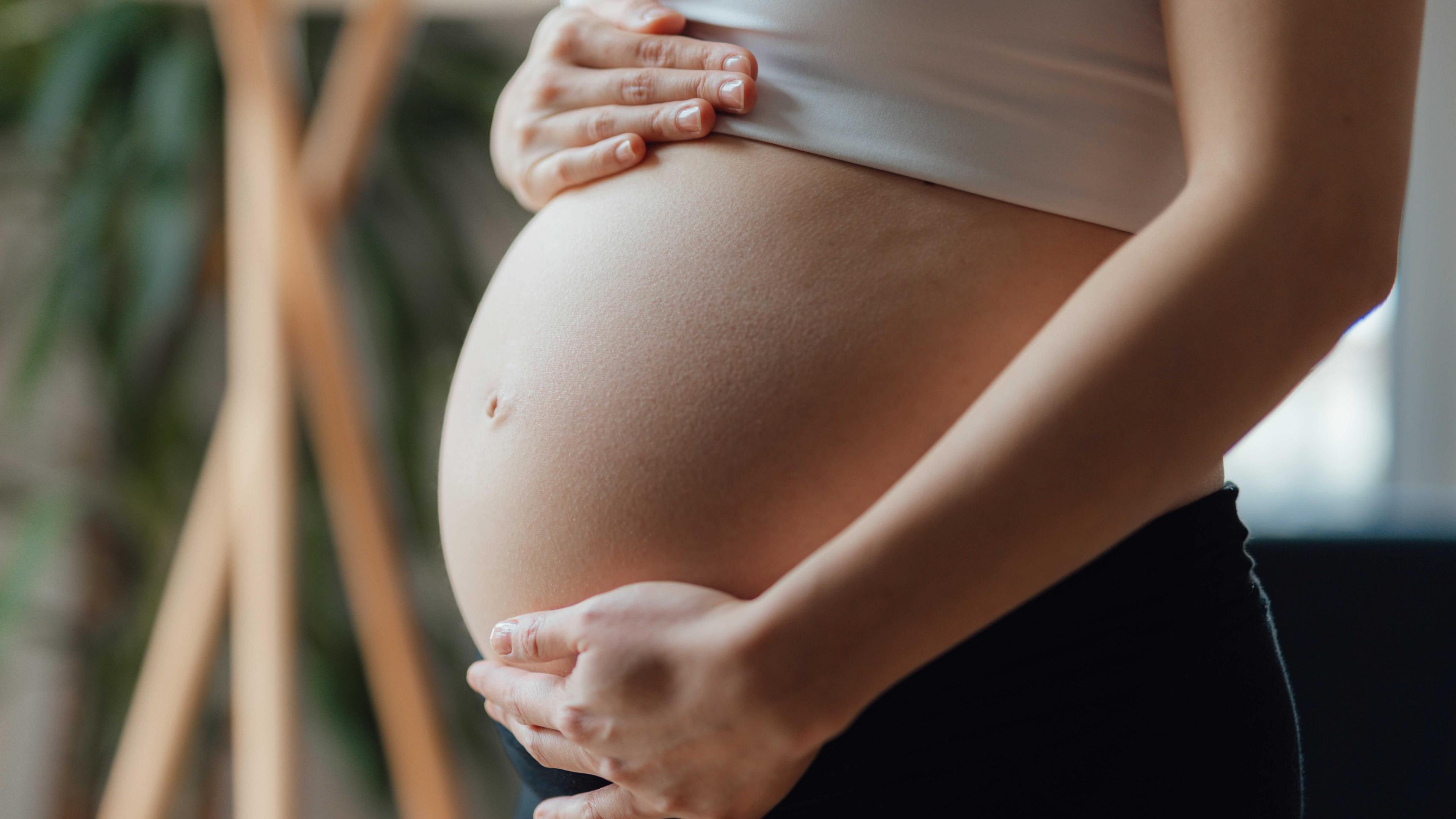 A pregnant woman holding her bump, the background is out of focus but the leaves of some sort of plant are visible