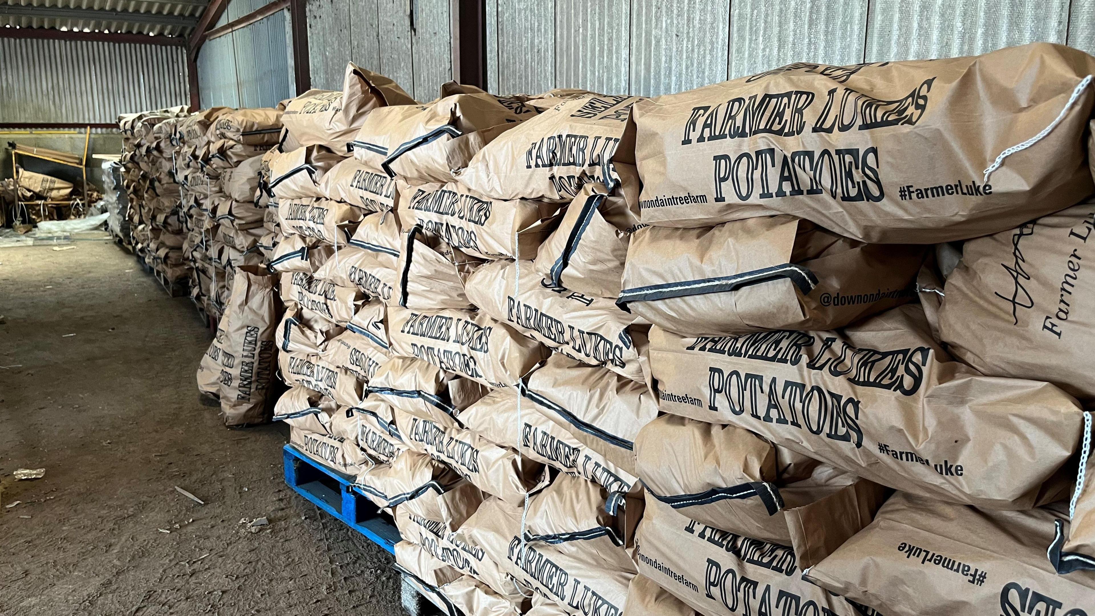Brown paper sacks of 25kg of potatoes on pallets in a farmers barn.
