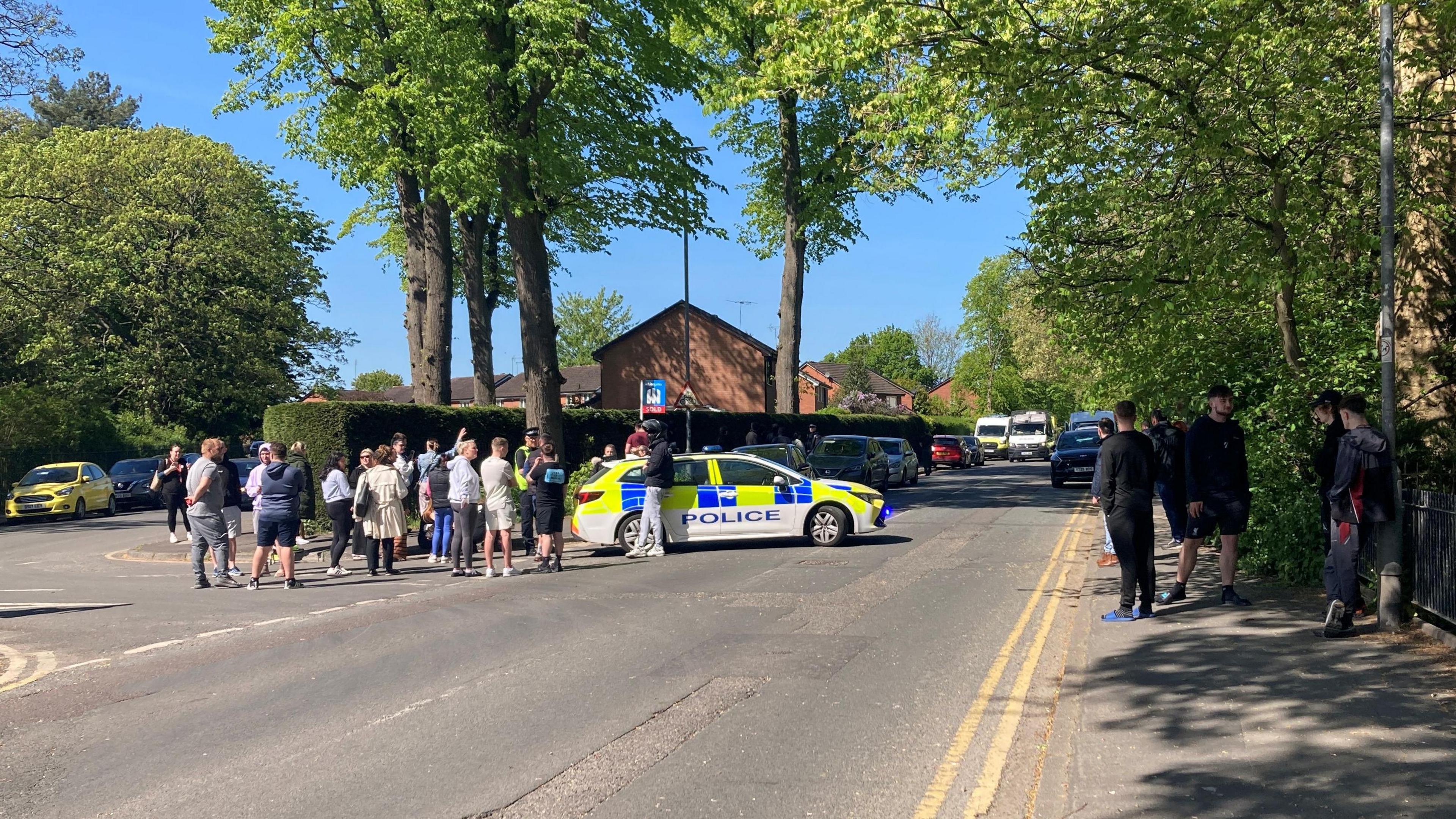 A large number of people are gathered around a police car which is positioned in the middle of the road. There are further police vans in the distance. There are trees either side of the road.