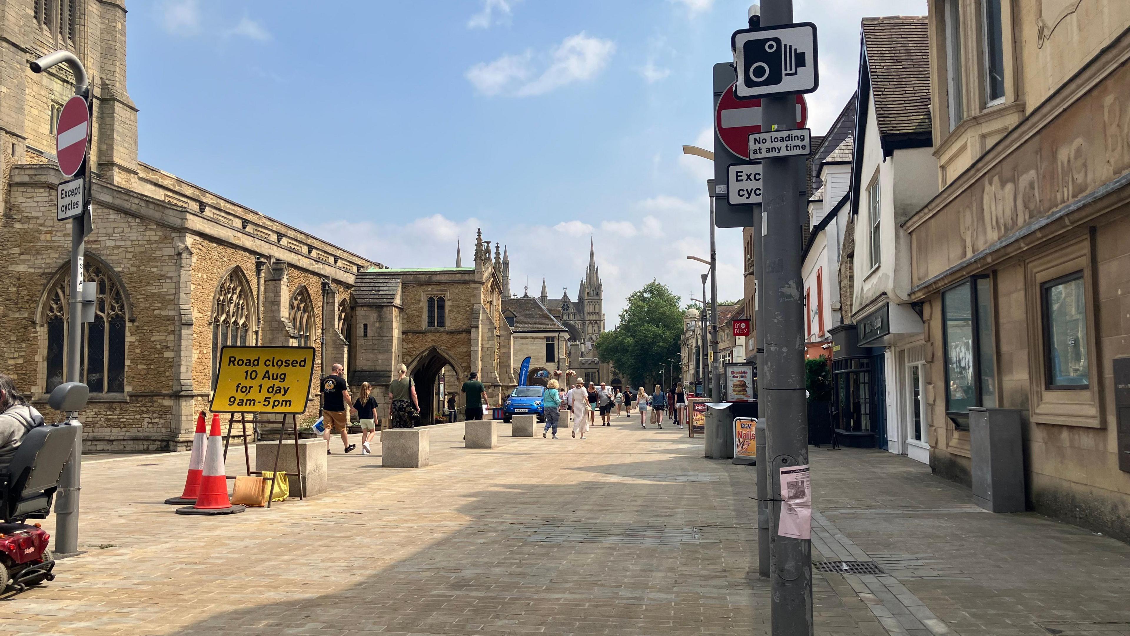 Church Street with no cars signs and CCTV signage 