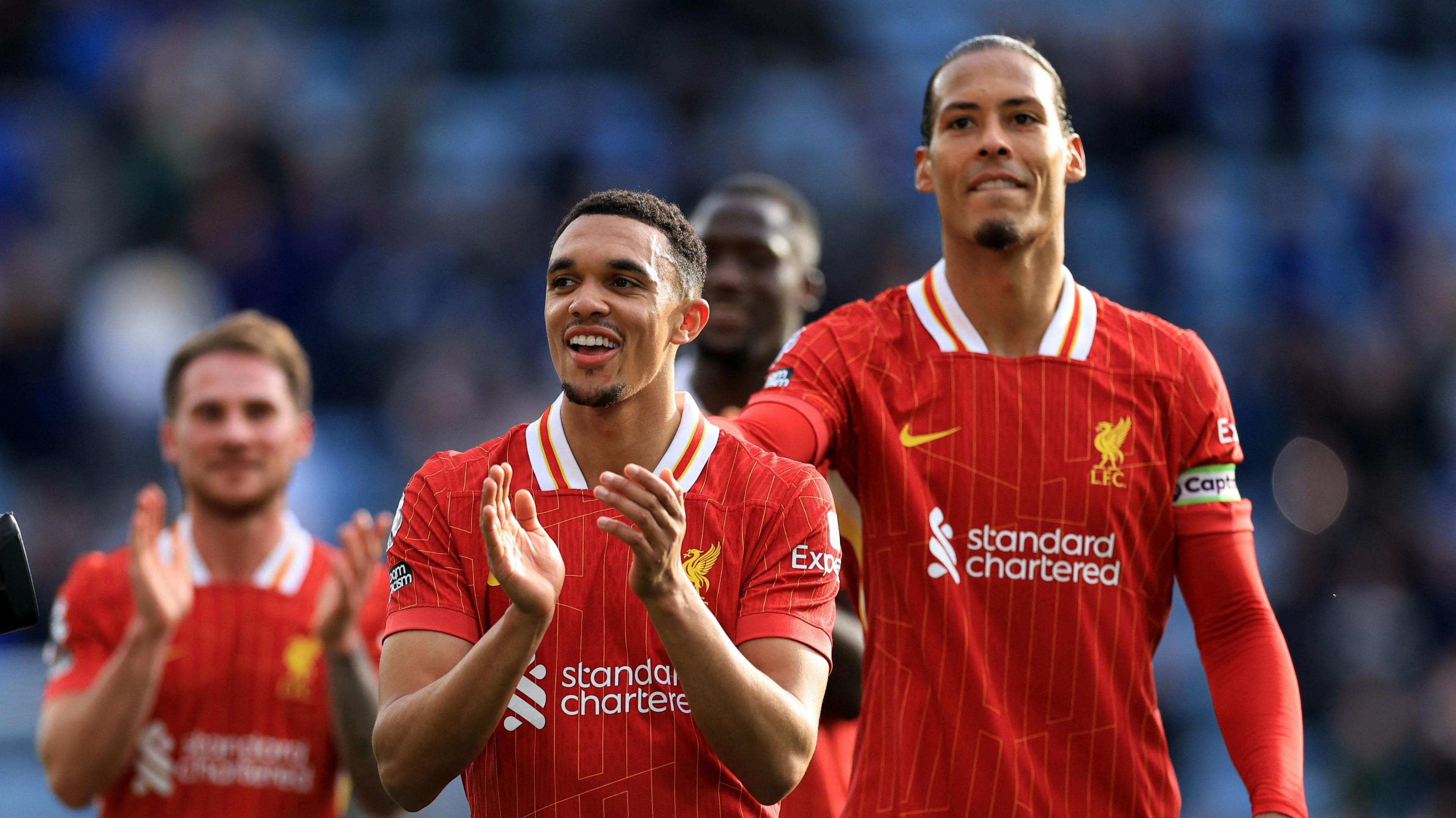 Liverpool captain Virgil van Dijk pushed Trent Alexander-Arnold to take the acclaim of travelling fans after his winner at Leicester City
