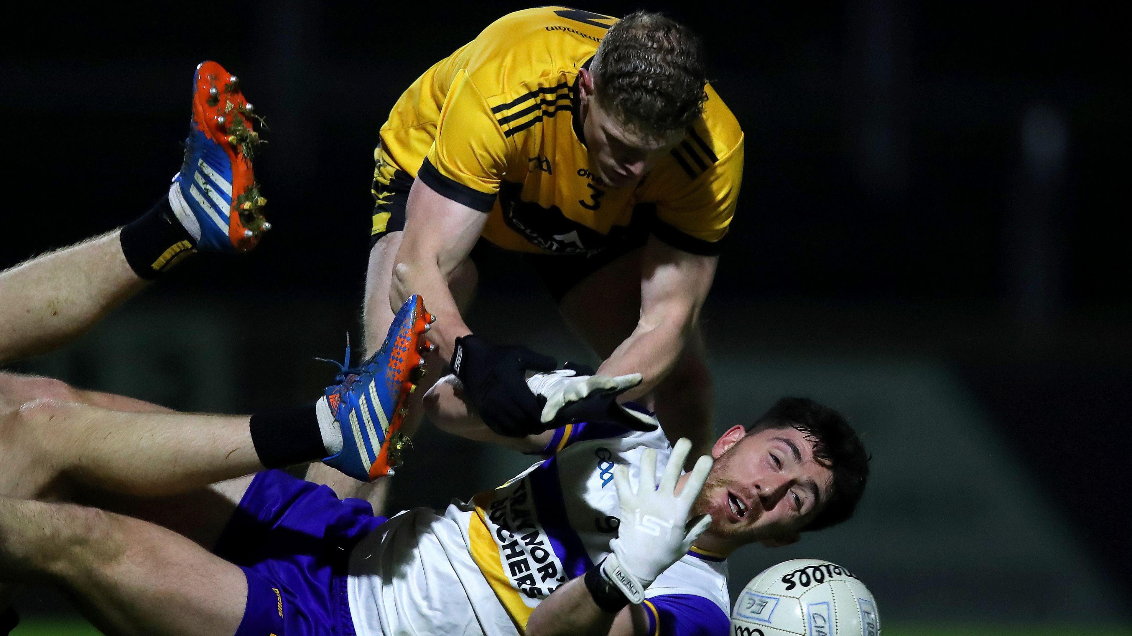 Conor Morrison tackles Errigal Ciaran's Joe Oguz at Healy Park 