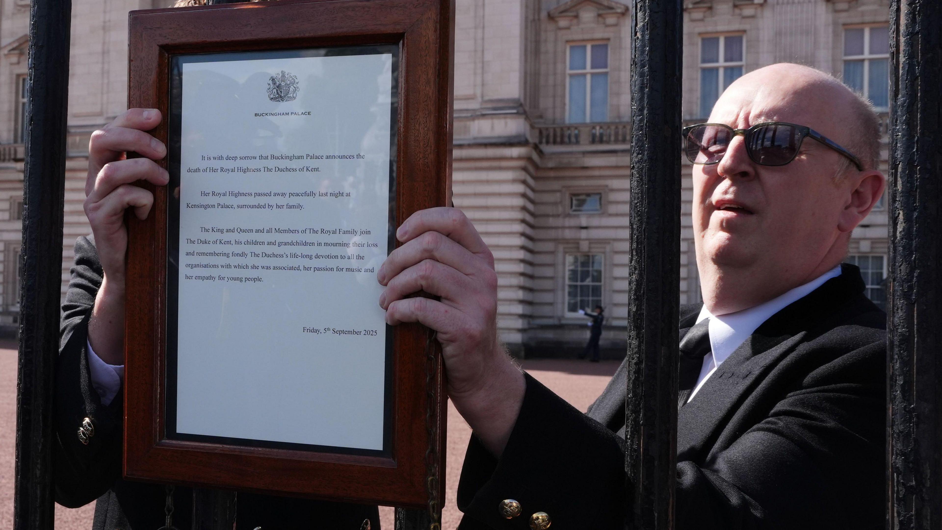 The death announcement was attached to the gates outside Buckingham Palace