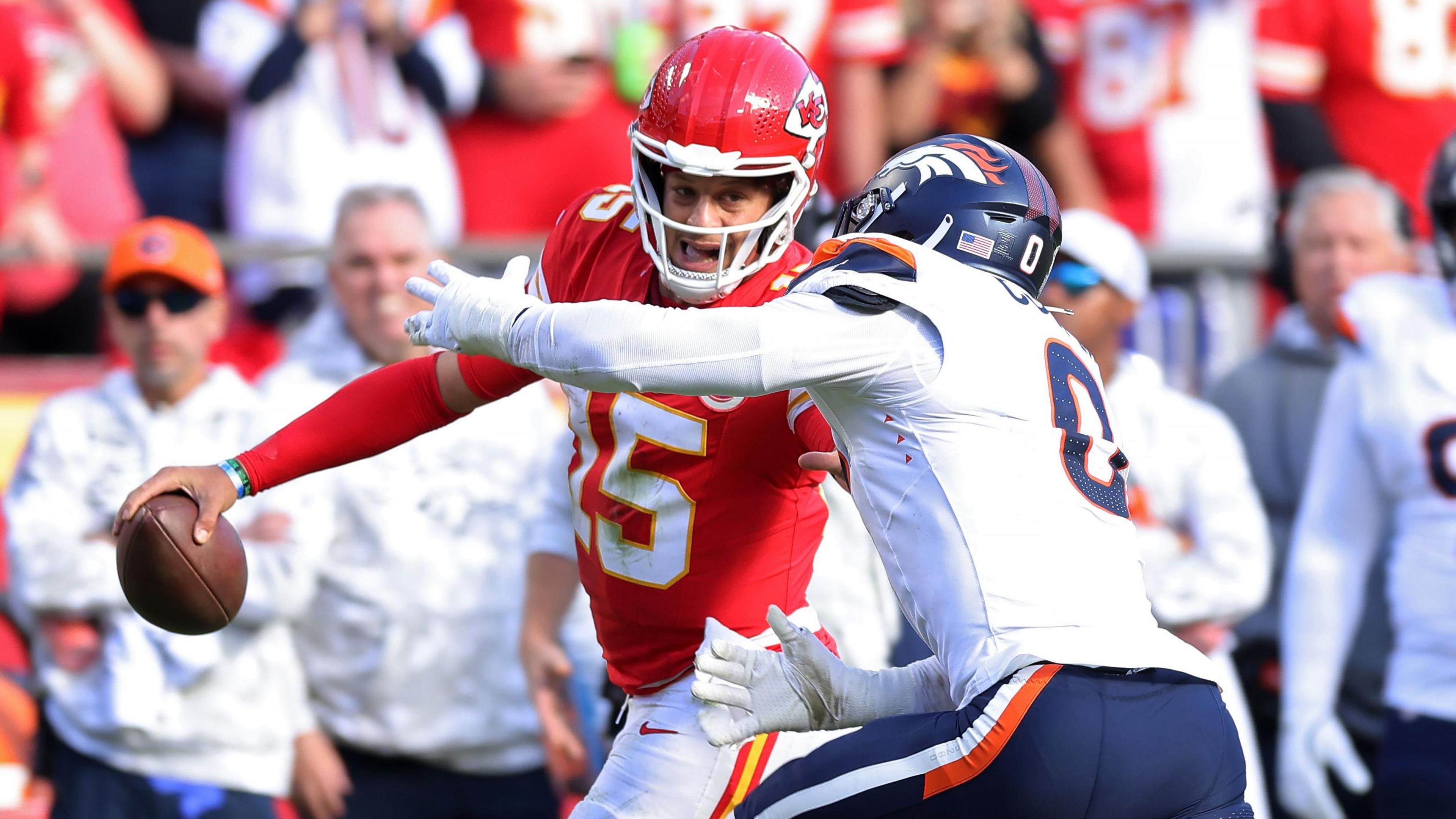 Patrick Mahomes of the Kansas City Chiefs is tackled during their loss to the Denver Broncos