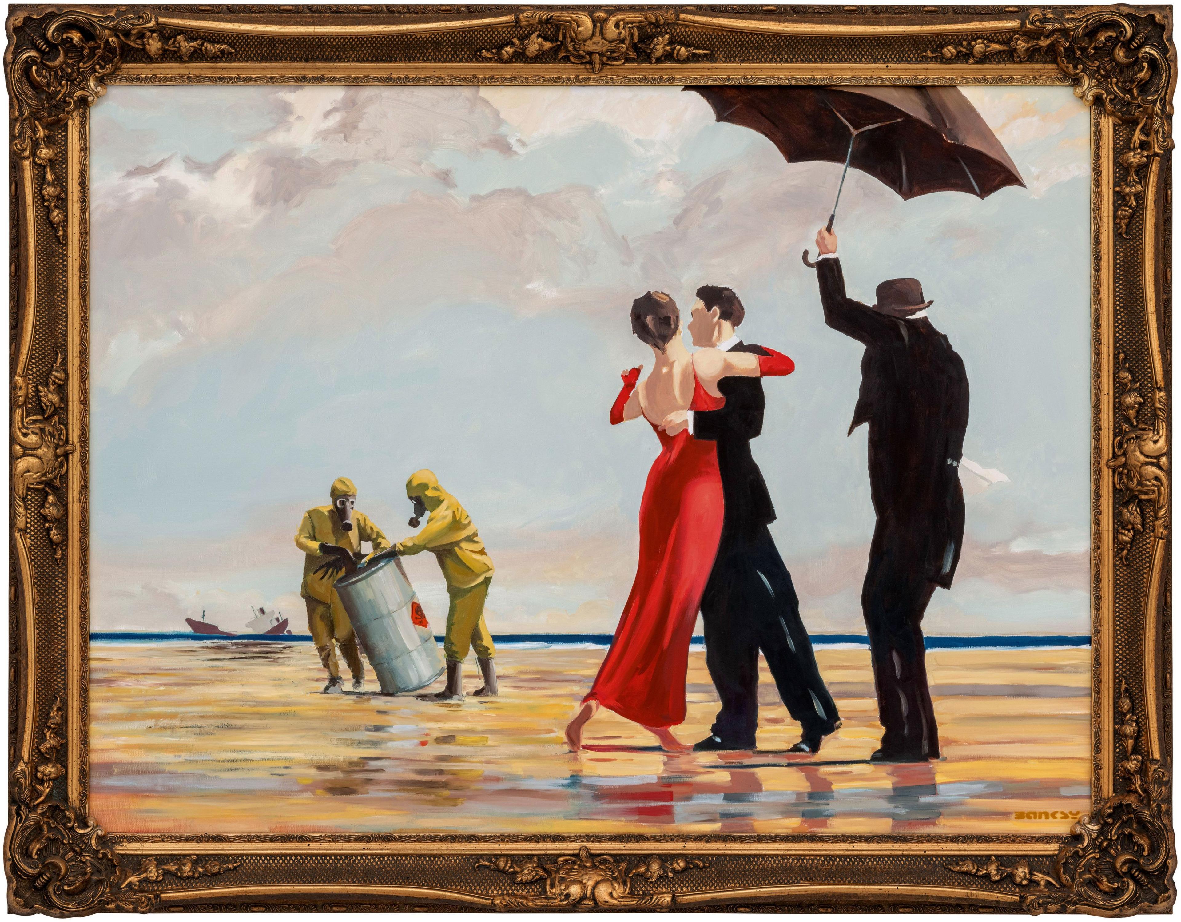 The paining shows a man and woman in formal wear dancing on a beach while a butler holds an umbrella over them. Behind them on the beach are two people in protective overalls and masks holding a barrel with a radioactive warning on it.