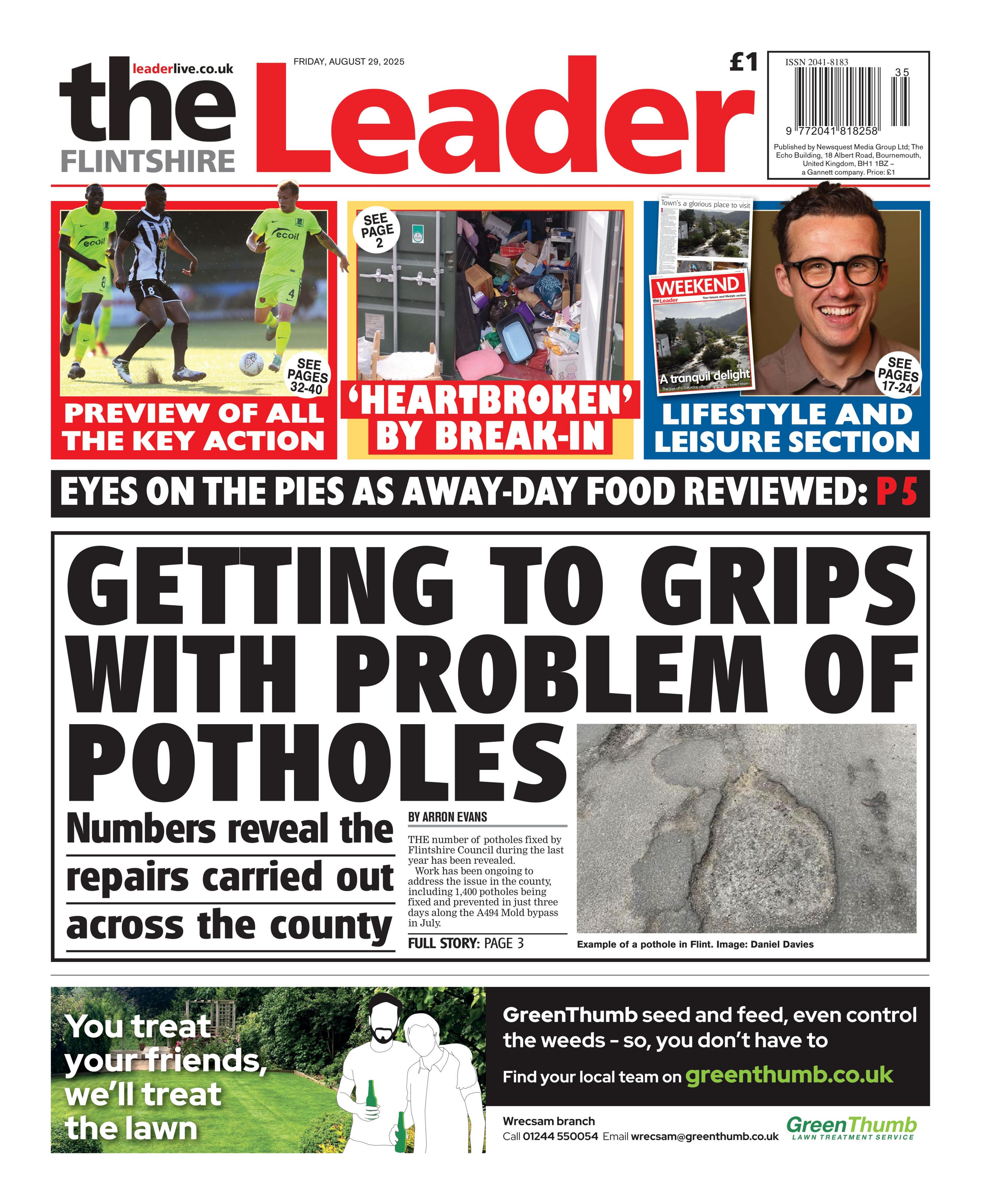 Main headline: Getting to grips with problem of potholes; Numbers reveal the repairs carried out across the county. Next to photo of a large pothole on a road.