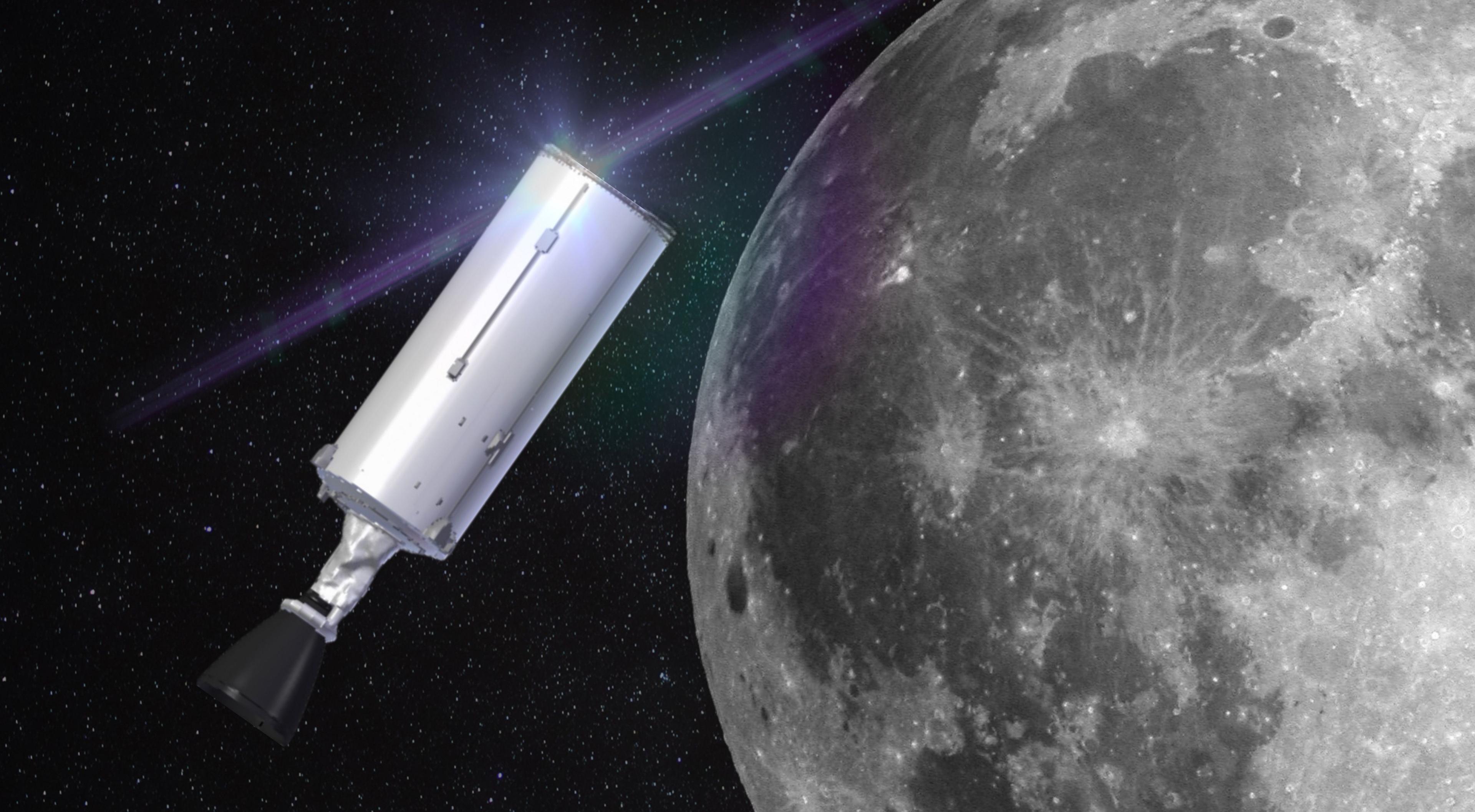 A mock-up of a spaceX upper section from a Falcon 9 rocket next to the moon.