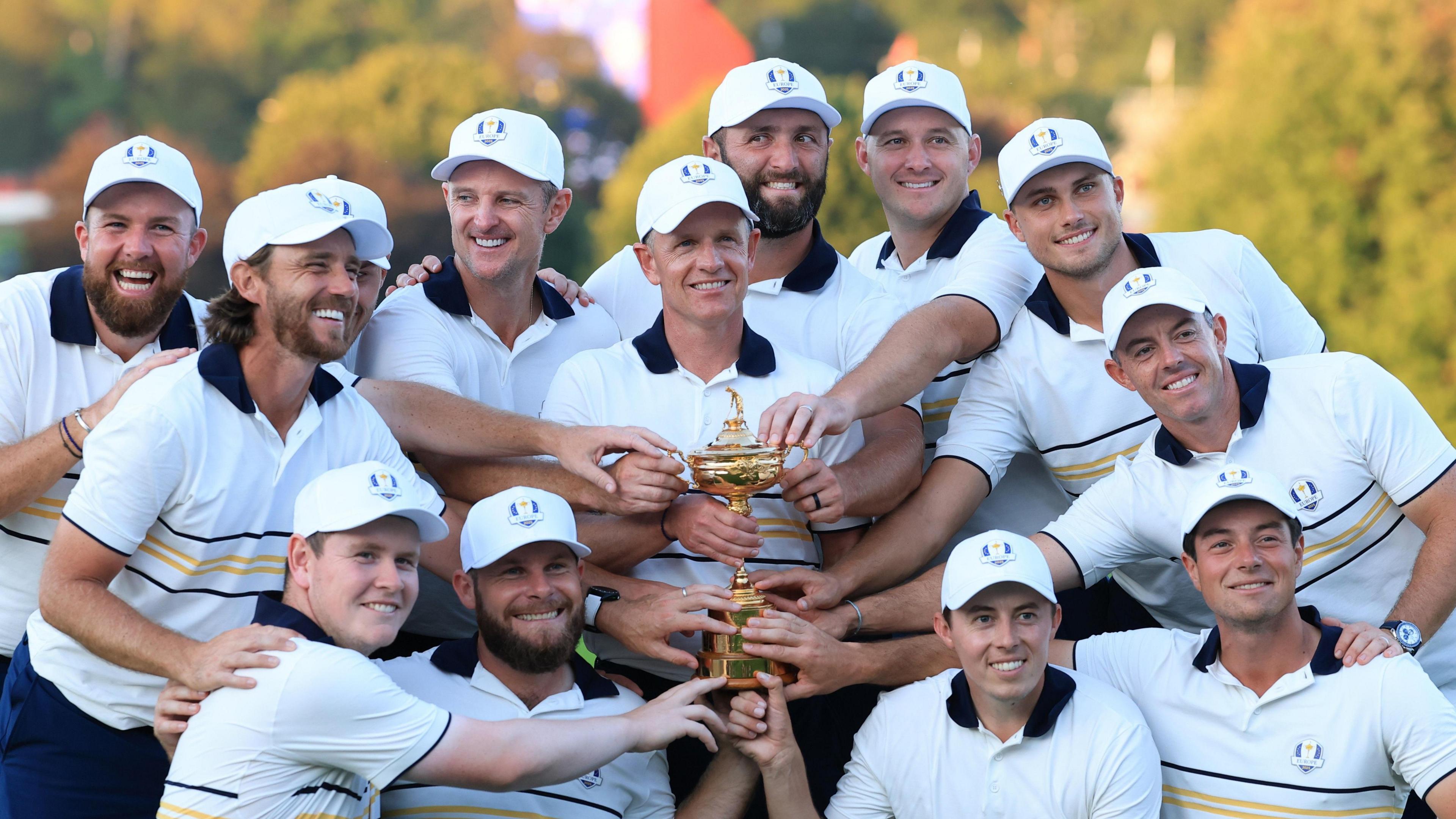 Team Europe pose with the Ryder Cup trophy at Bethpage Black