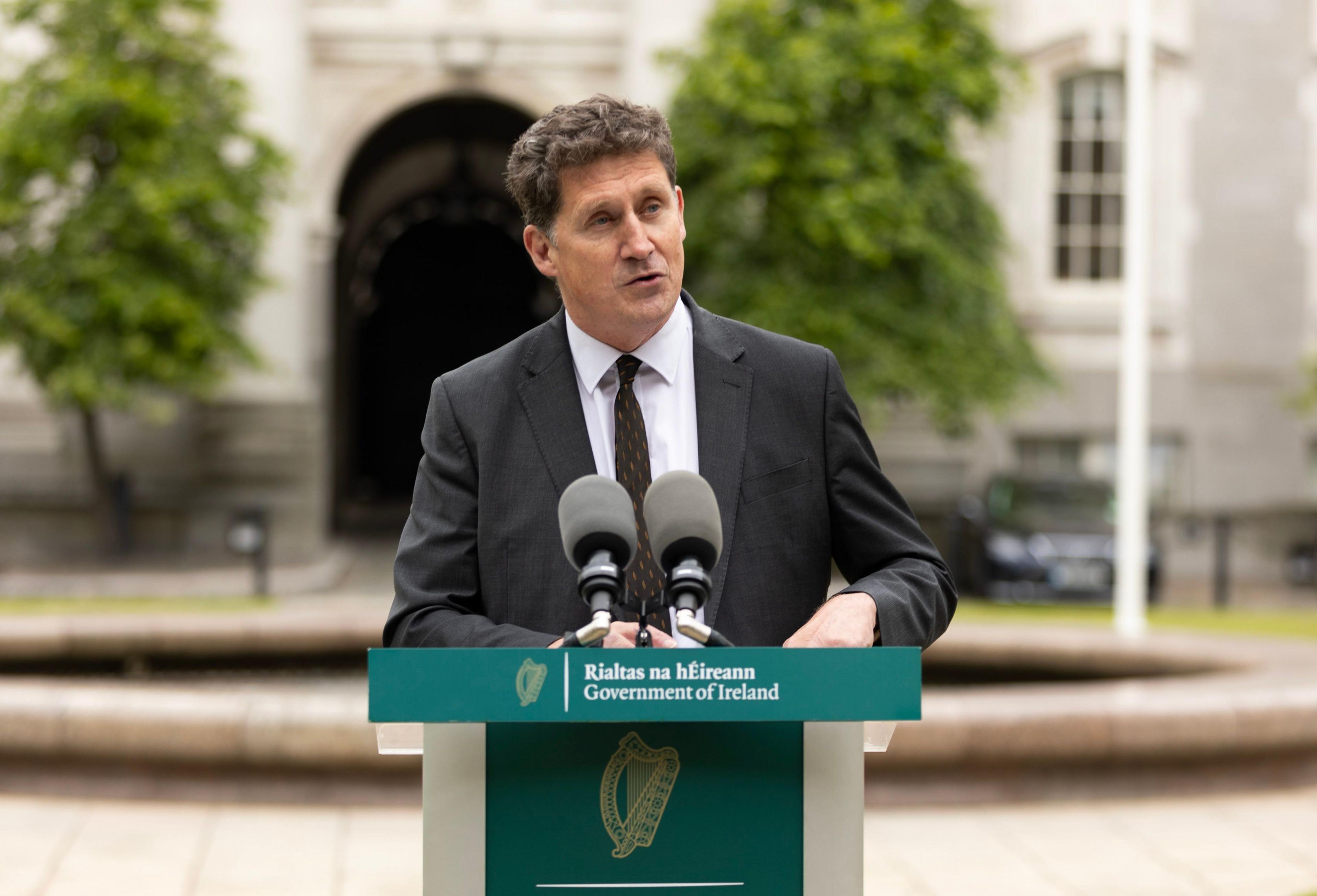 Eamon Ryan stood outside Leinster House at a Government of Ireland plinth