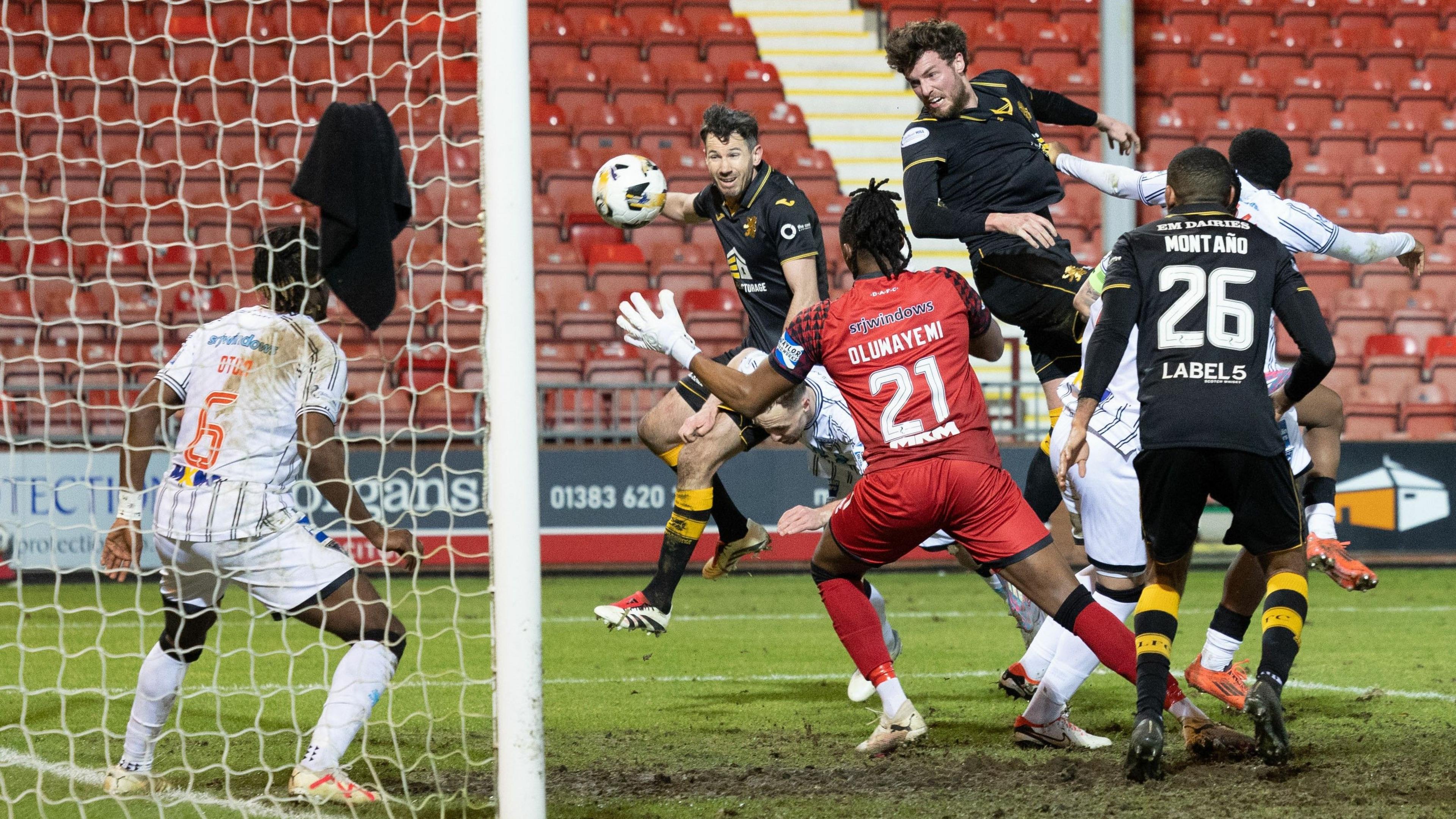 Livingston's Robbie Muirhead scores to make it 1-0 during a SPFL Trust Trophy Semi-Final match between Dunfermline Athletic and Livingston at the KDM Group East End Park,