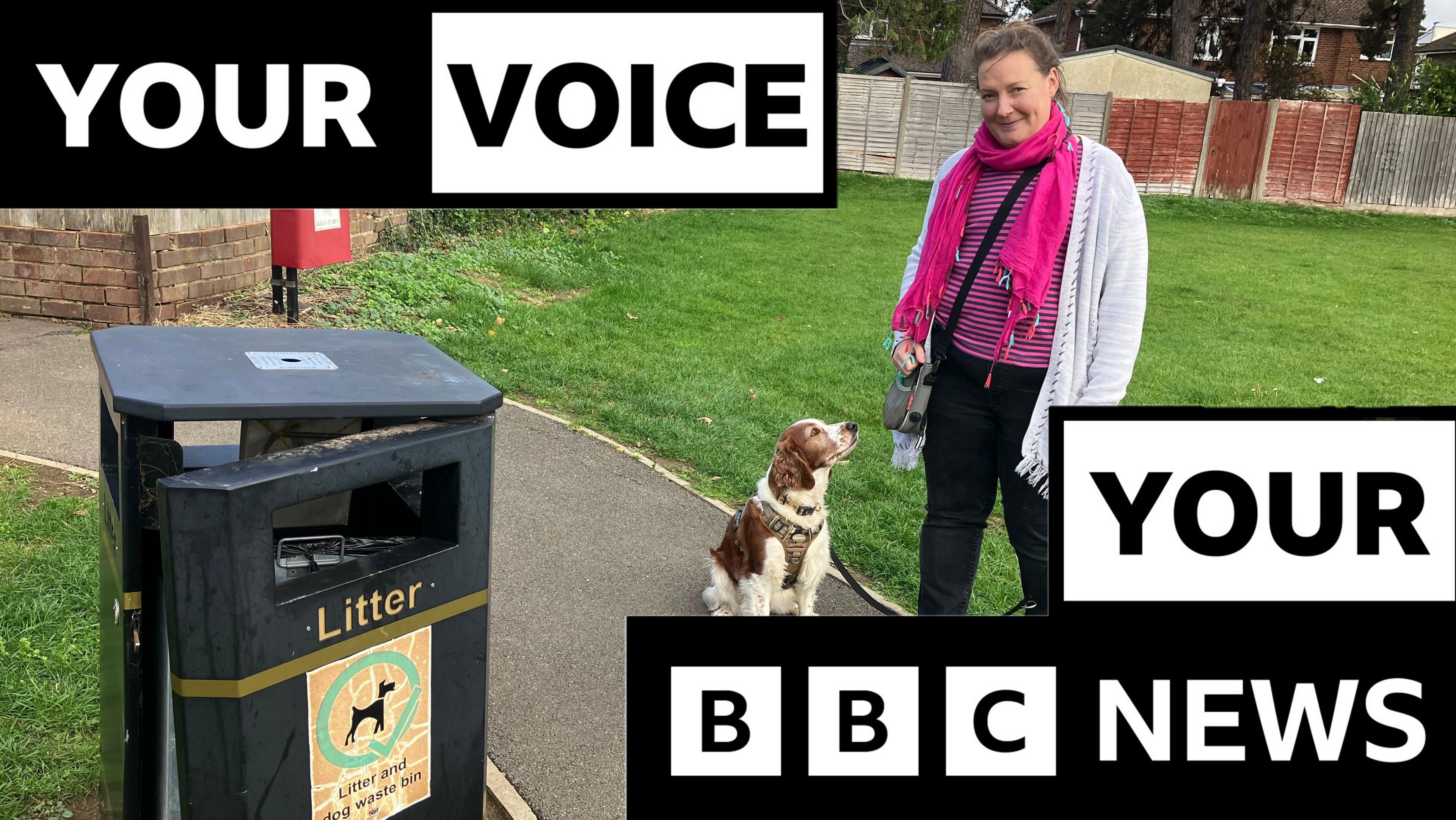 Paula is seen wearing a pink scarf and light cardigan stands on a park path holding her dog’s lead beside a litter bin. The brown-and-white spaniel sits at her feet. The words Your Voice, Your BBC News feature as branding on the image.