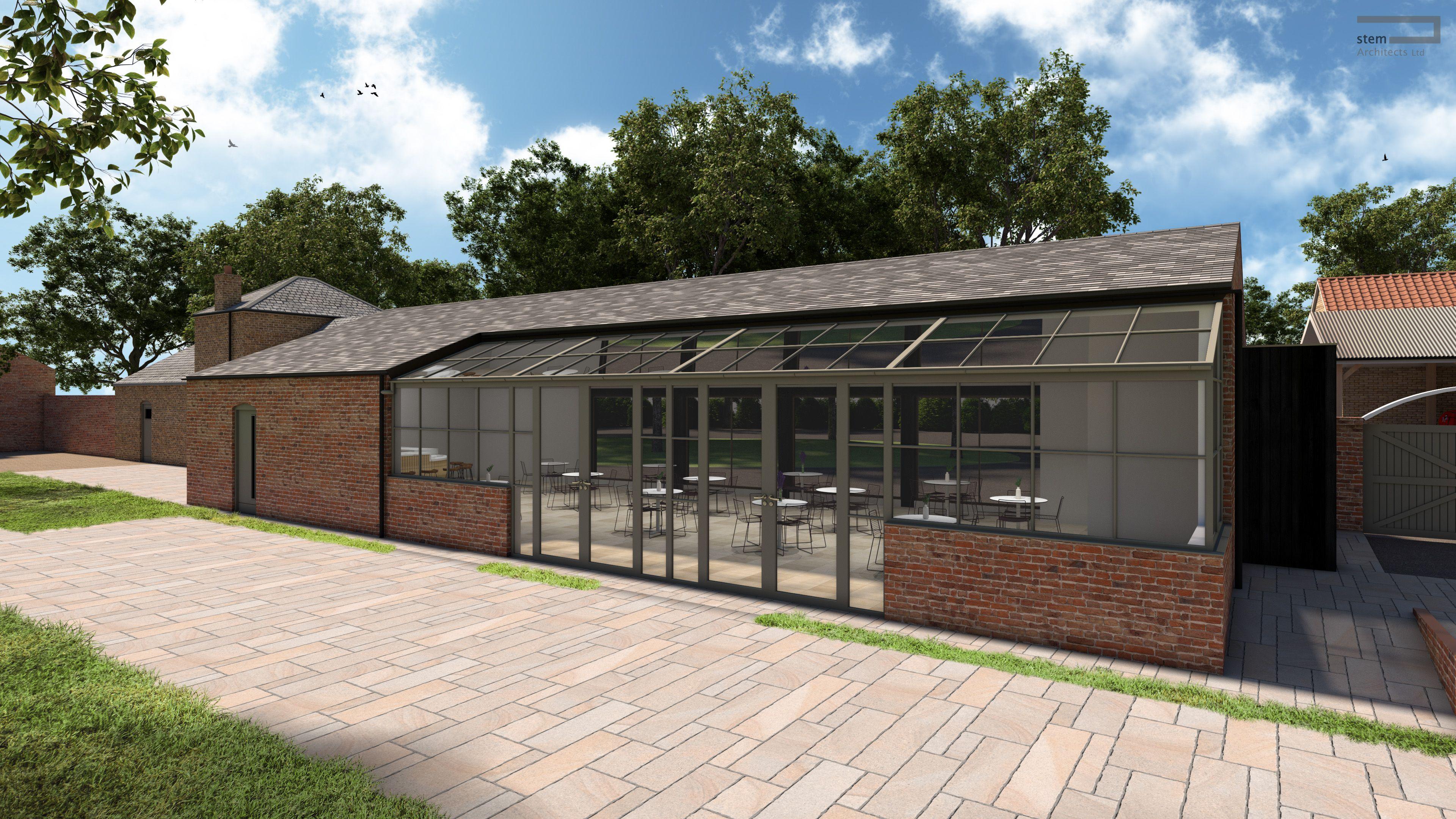 An artist's impression of the new function room at Alford Manor. It has a largely glass frontage. Tables and chairs can be seen inside. 