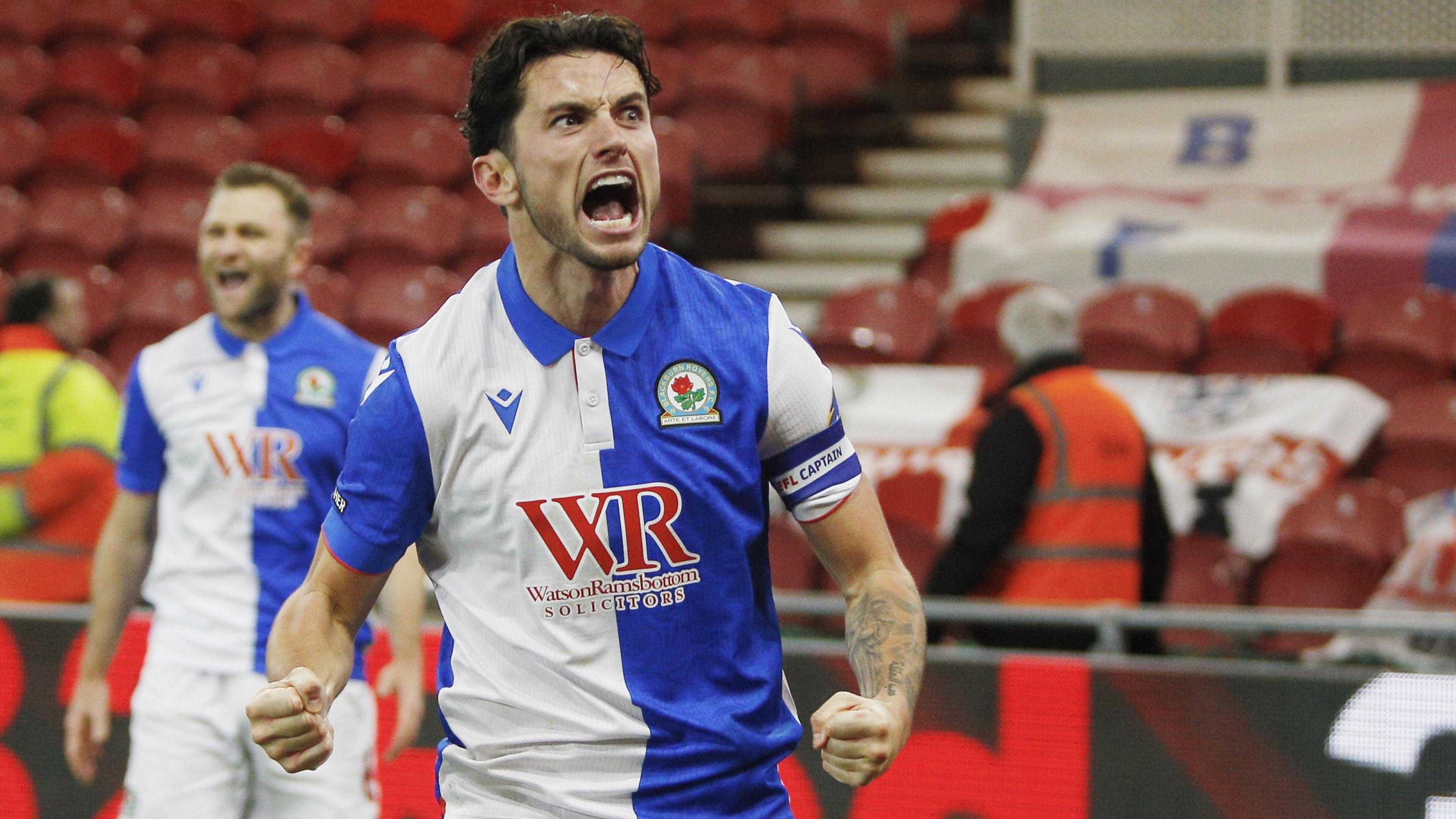 Rovers captain Lewis Travis celebrates Blackburn's winner at Middlesbrough