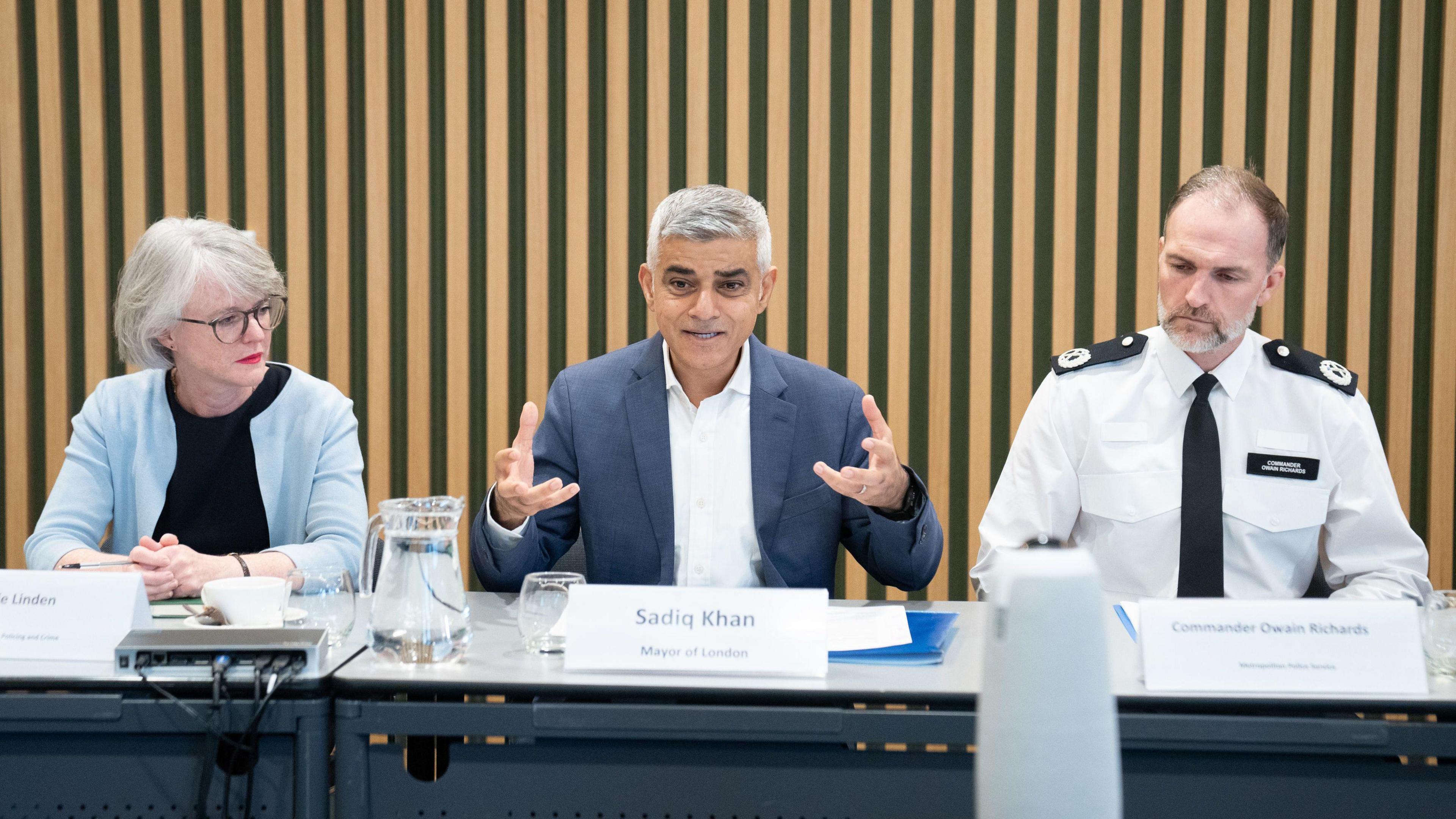 Mayor of London Sadiq Khan (centre) holds a multifaith roundtable with Jewish and Muslim faith leaders at City Hall in London and including the Deputy Mayor for Policing and Crime, Sophie Lindon (far left) and Commander Owain Richards of the Metropolitan Police (far right) i