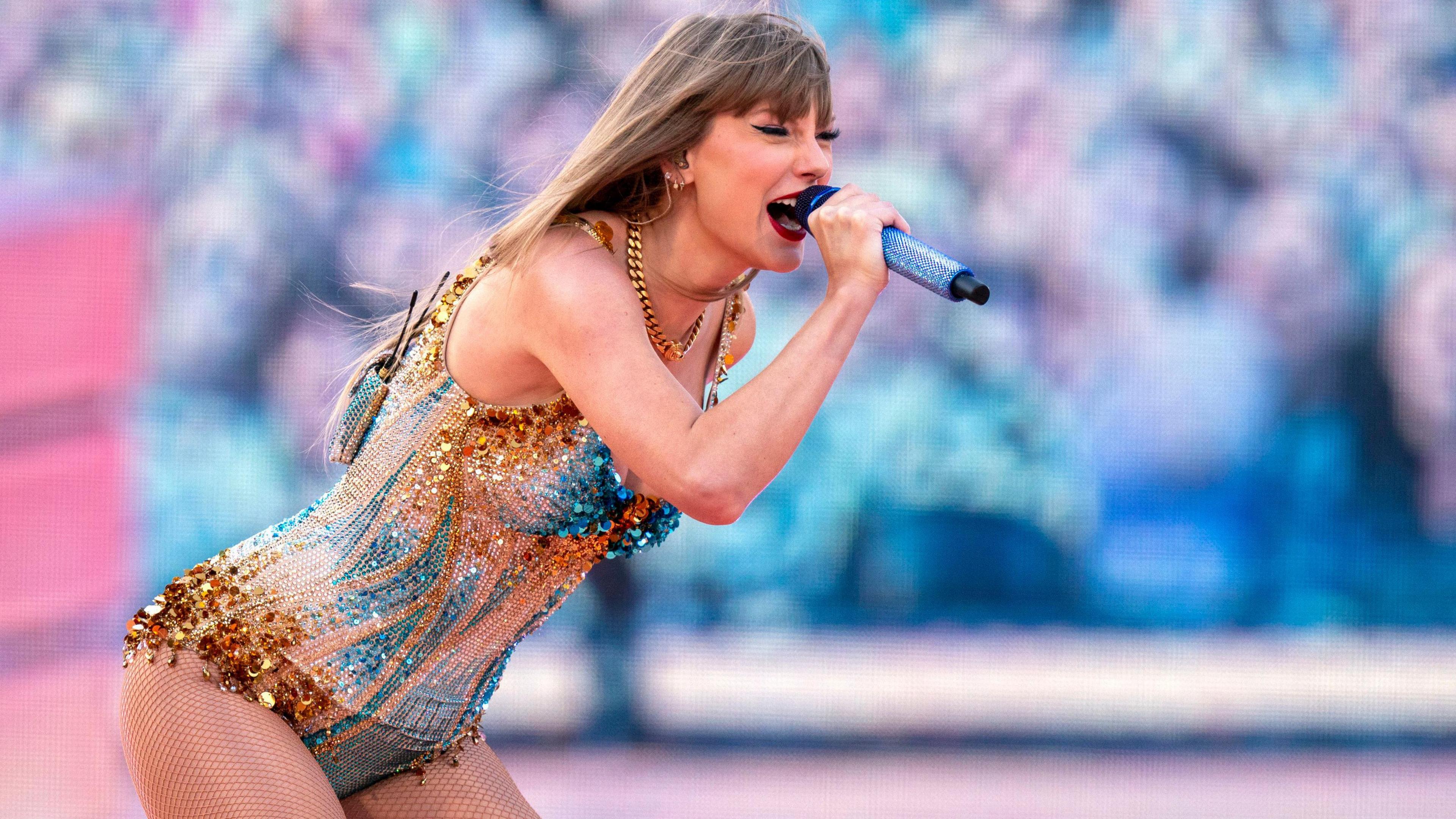 Taylor Swift performs on stage during her Eras Tour at the Murrayfield Stadium in Edinburgh