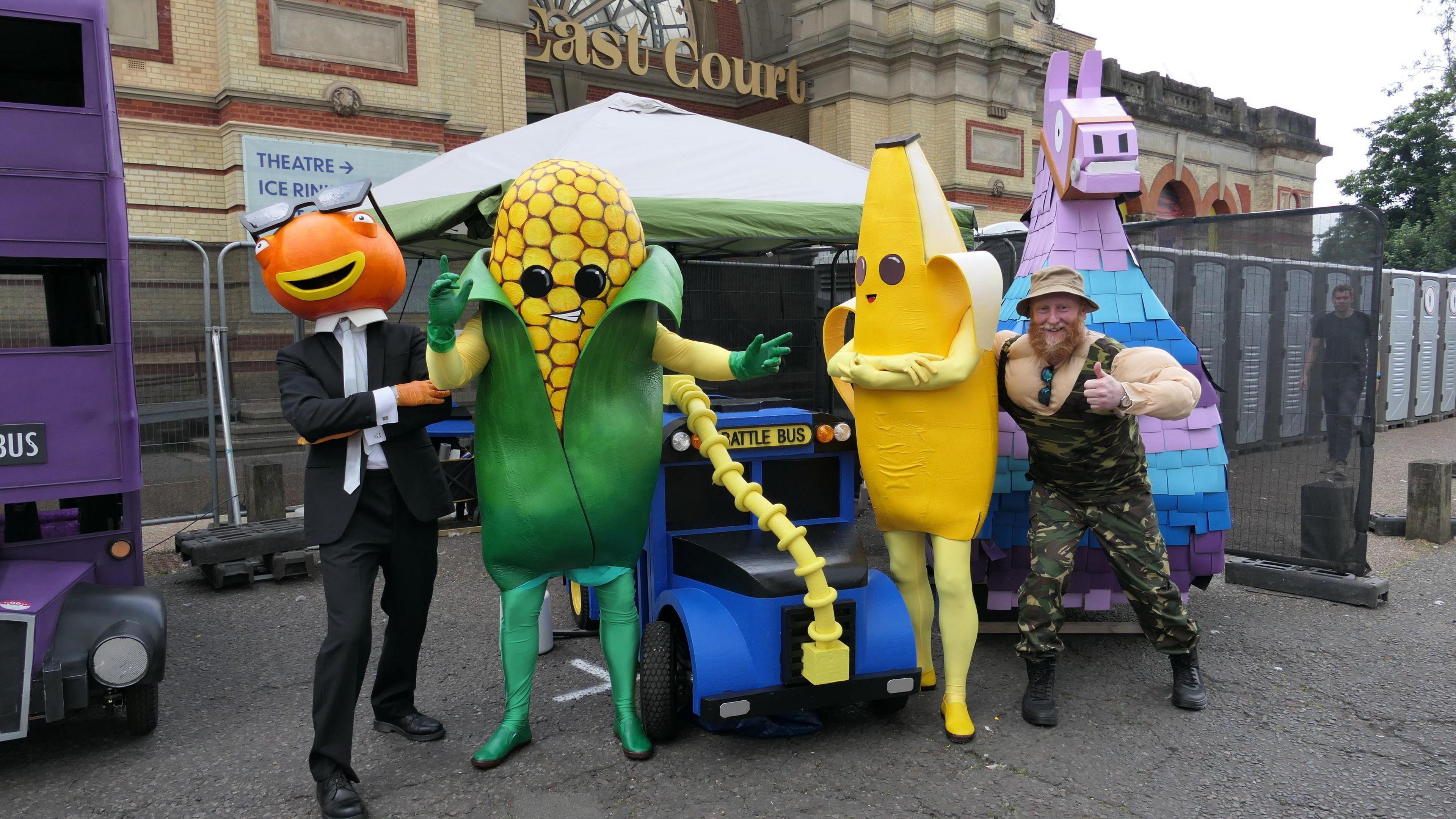 Red Bull Soapbox racers in fancy dress as a sweetcorn, banana and in camouflage gear