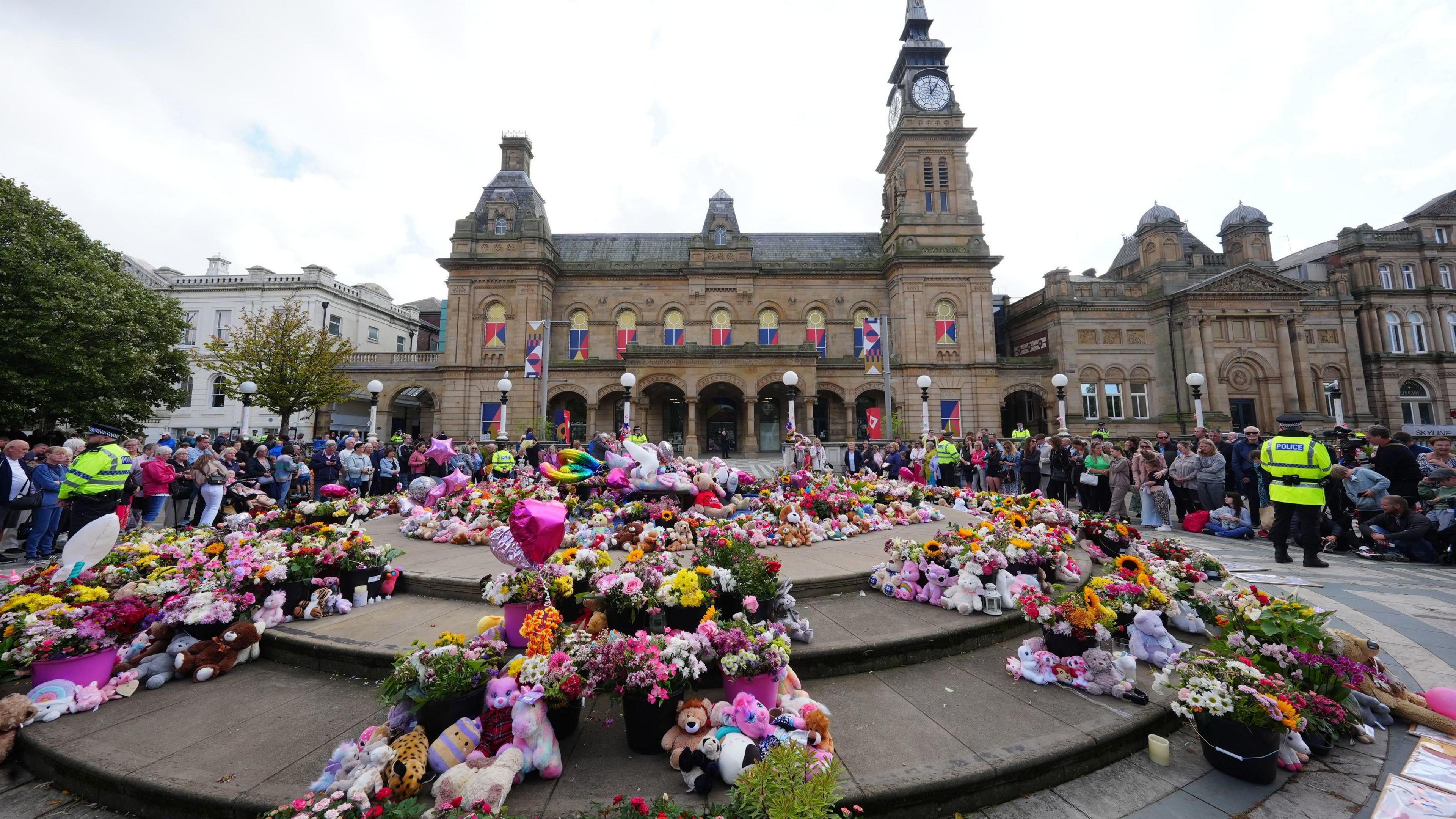 Flowers and tributes outside the Atkinson Art Centre and Southport Town Hall after the Southport knife attacks.