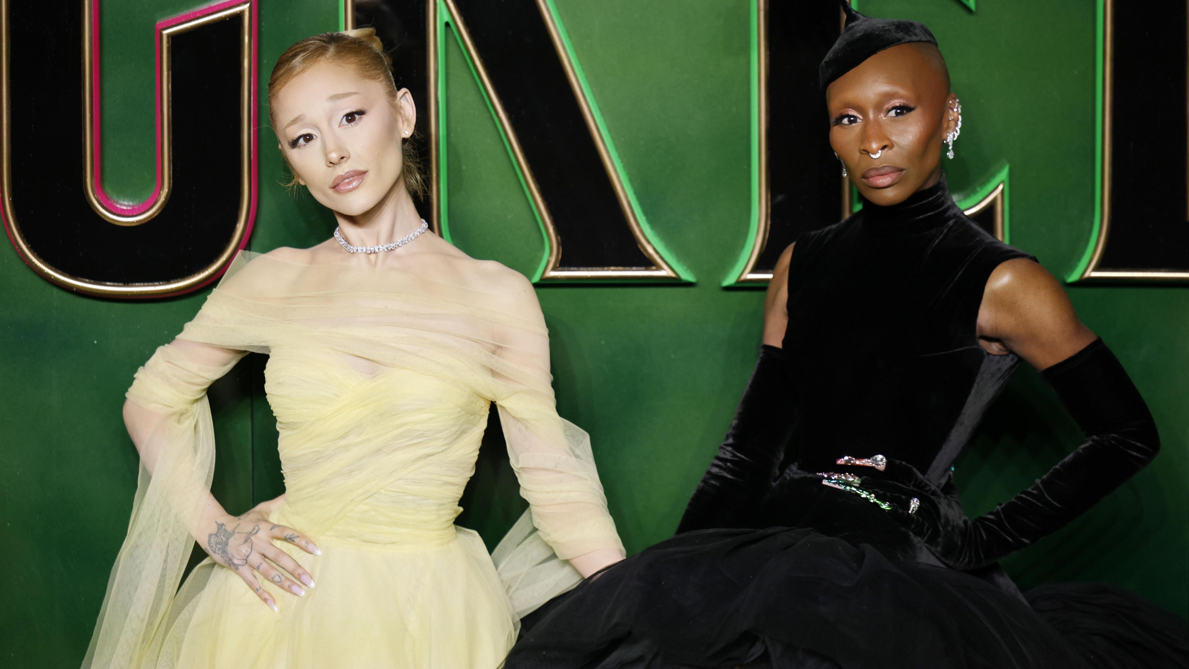 Ariana Grande (left) and Cynthia Erivo (right) on the green carpet at the UK premiere of Wicked at the Royal Festival Hall in London, on 18 November 2024. 