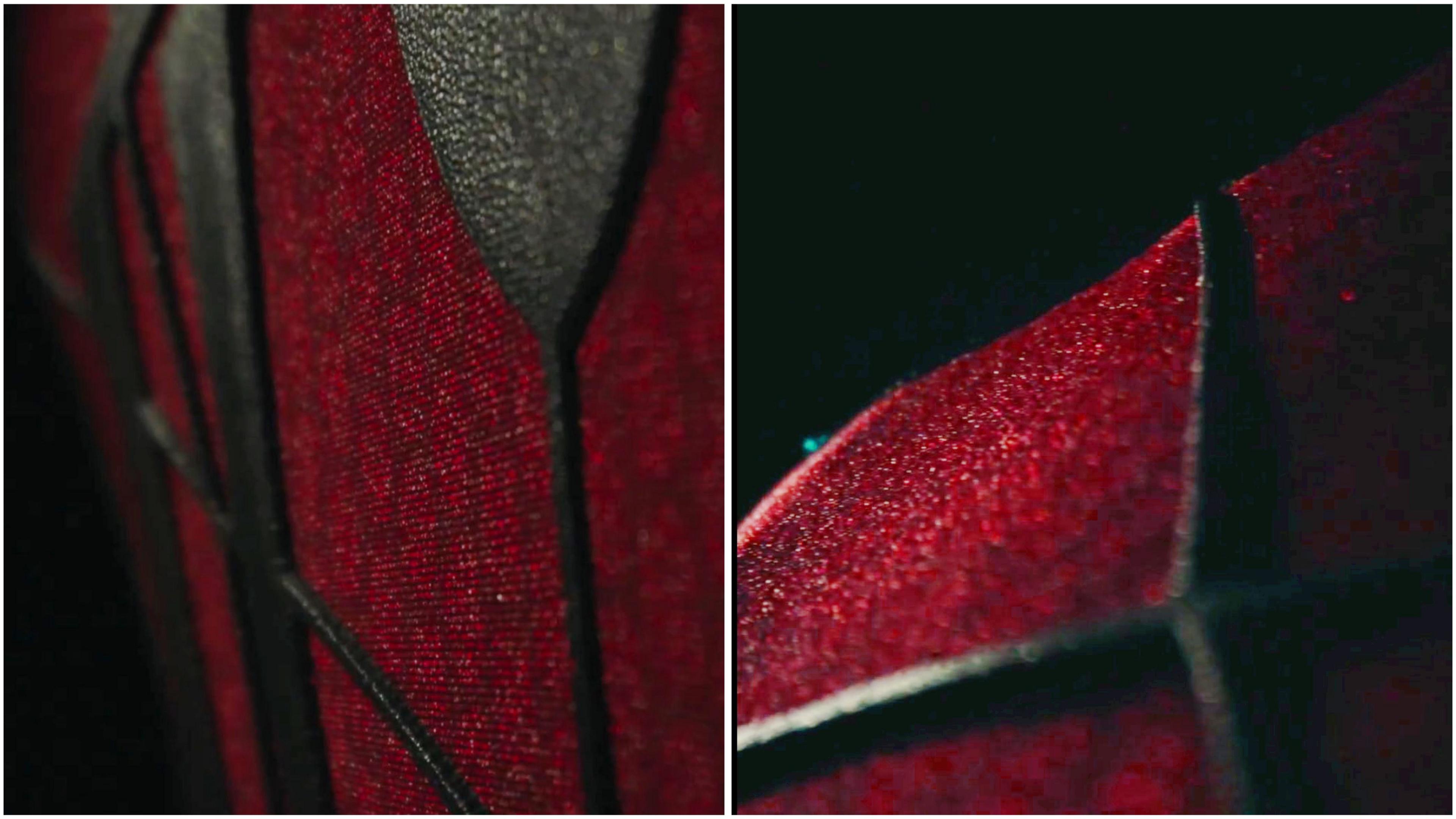 A glimpse of the new Spider-Man suit showing a raised webbing design. 