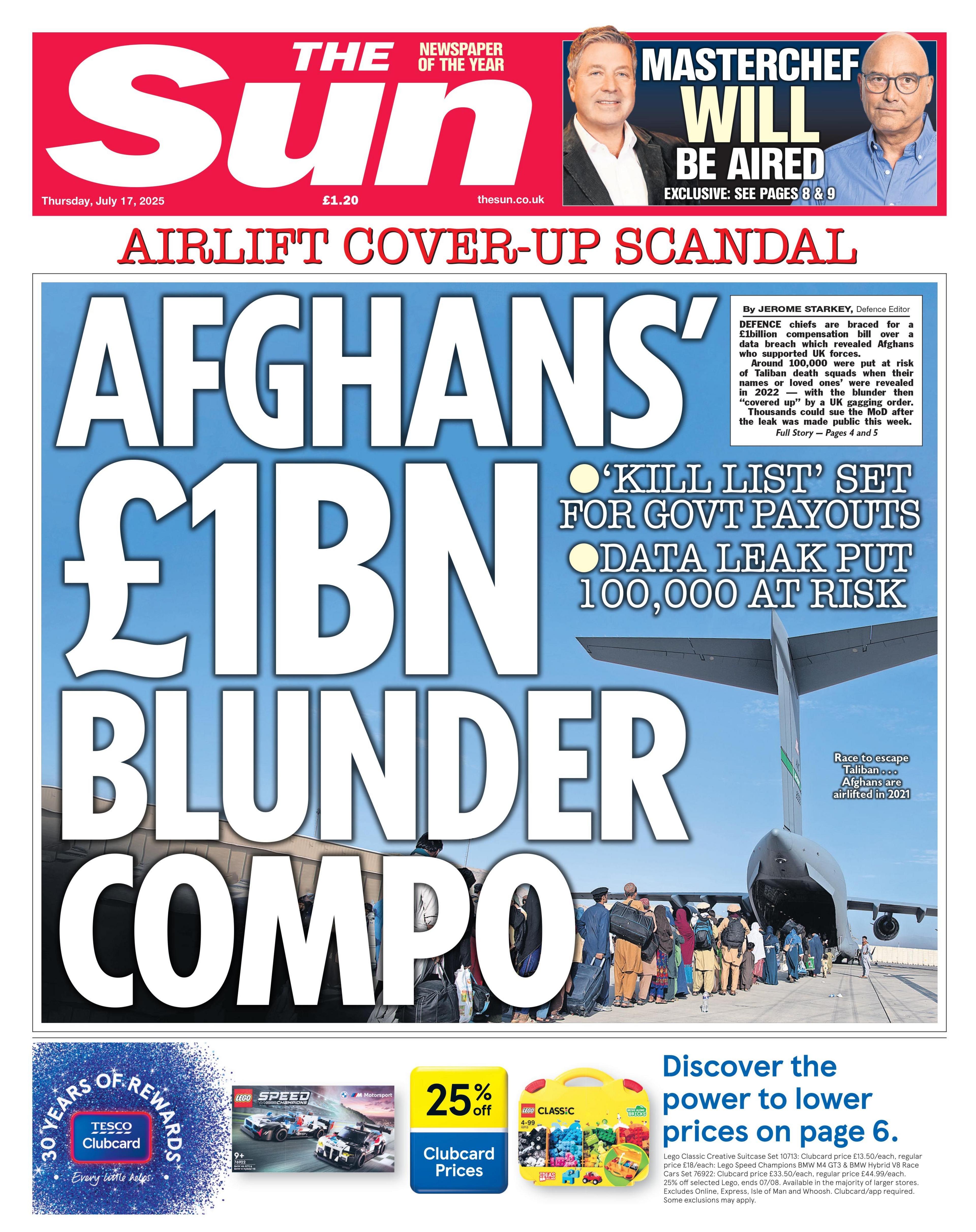 The headline on the front page of the Sun reads: "Afghans £1bn blunder compo"