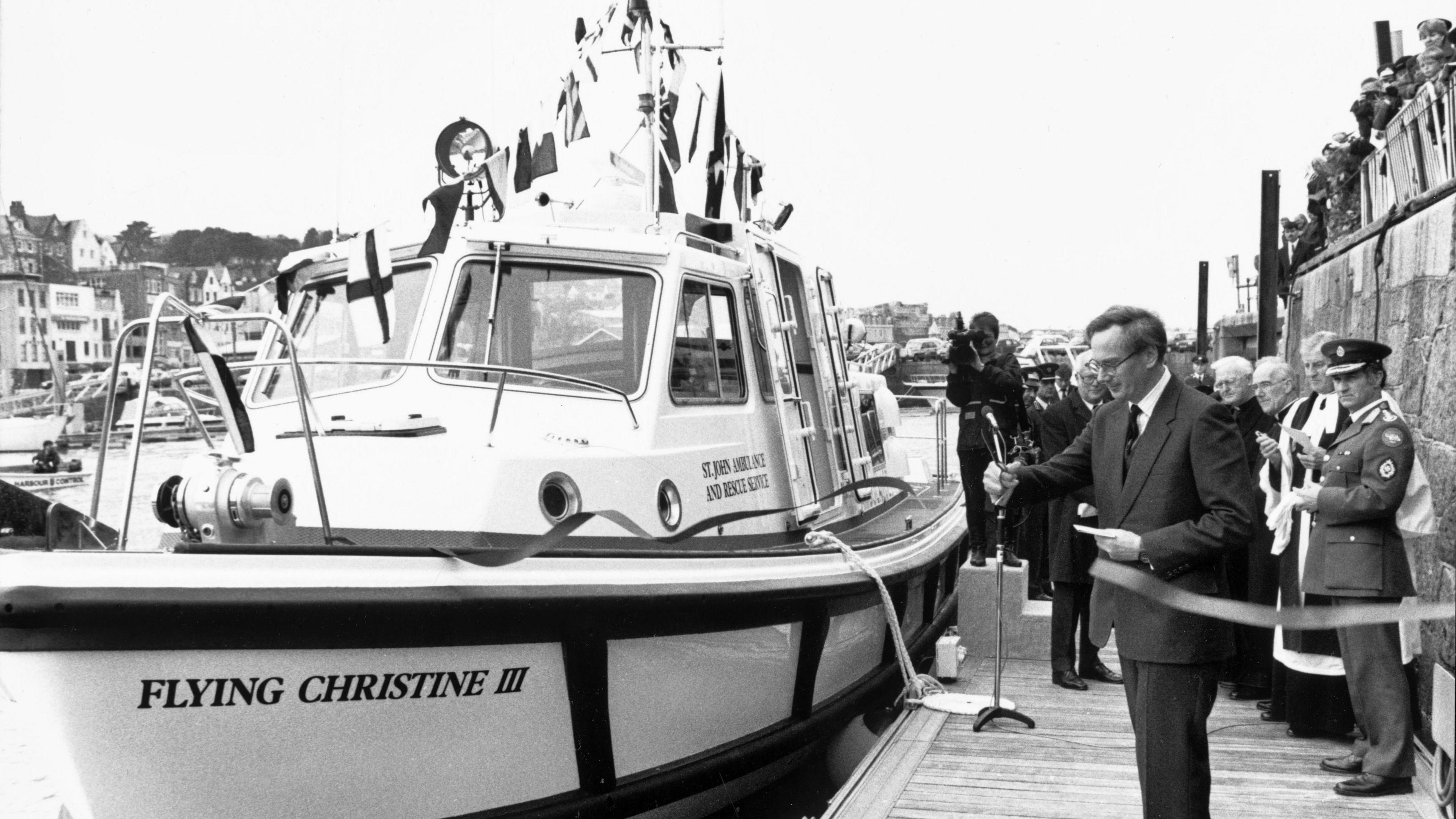 Black and white photo of Flying Christine III - The third vessel to carry the name was launched on 28 November 1994 by HRH the Duke of Gloucester