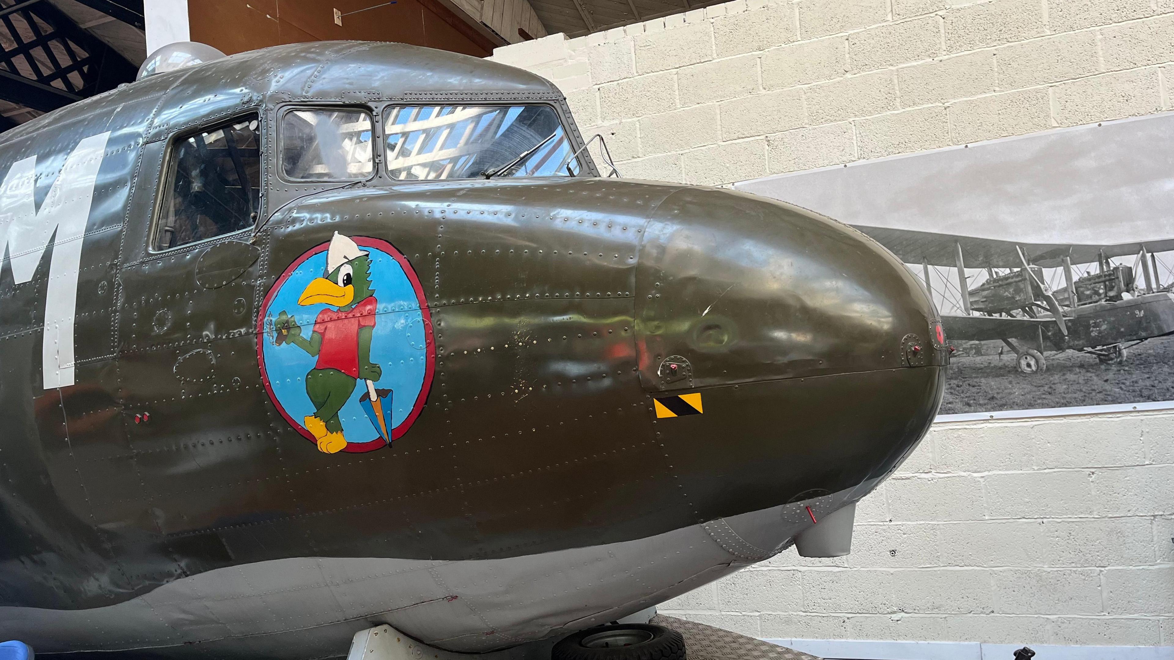 The nose and outside of a plane cockpit, dark green and grey with a motif of a duck