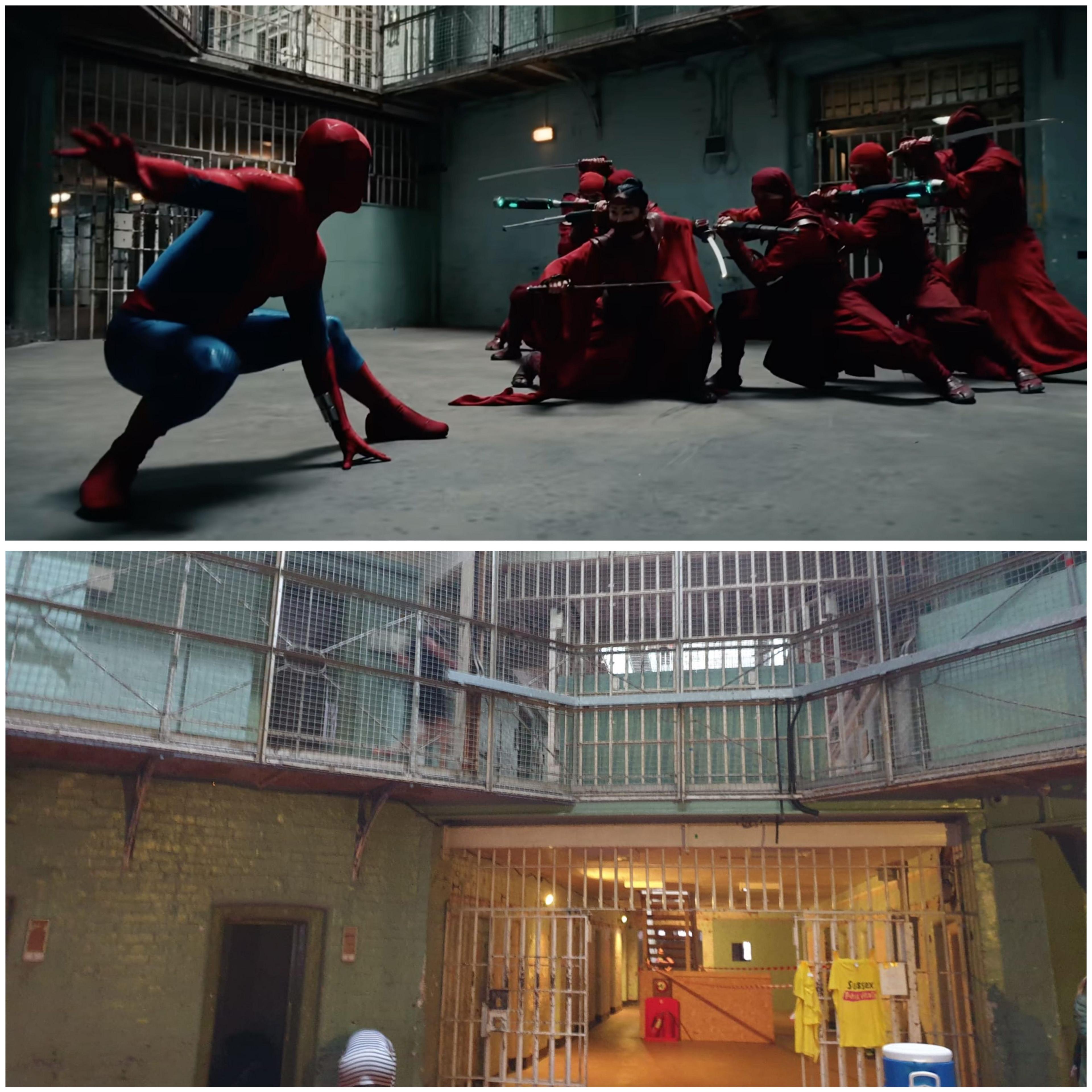A side by side of Spider-Man facing the ninja group the Hand, and an image of the filming location Dorchester prison.