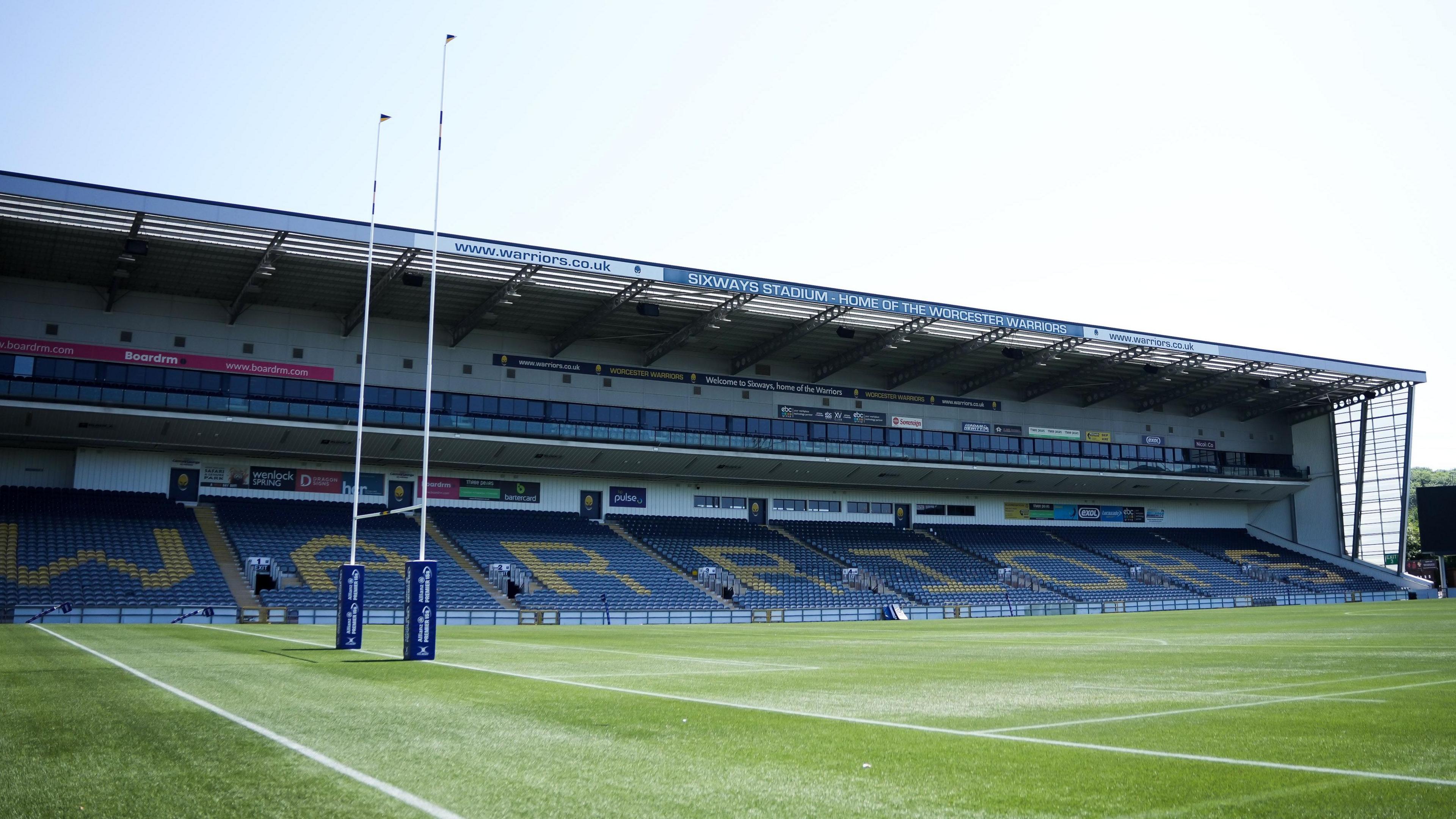 General shot of Sixways stadium, home of Worcester Warriors with the posts in front of the main stand