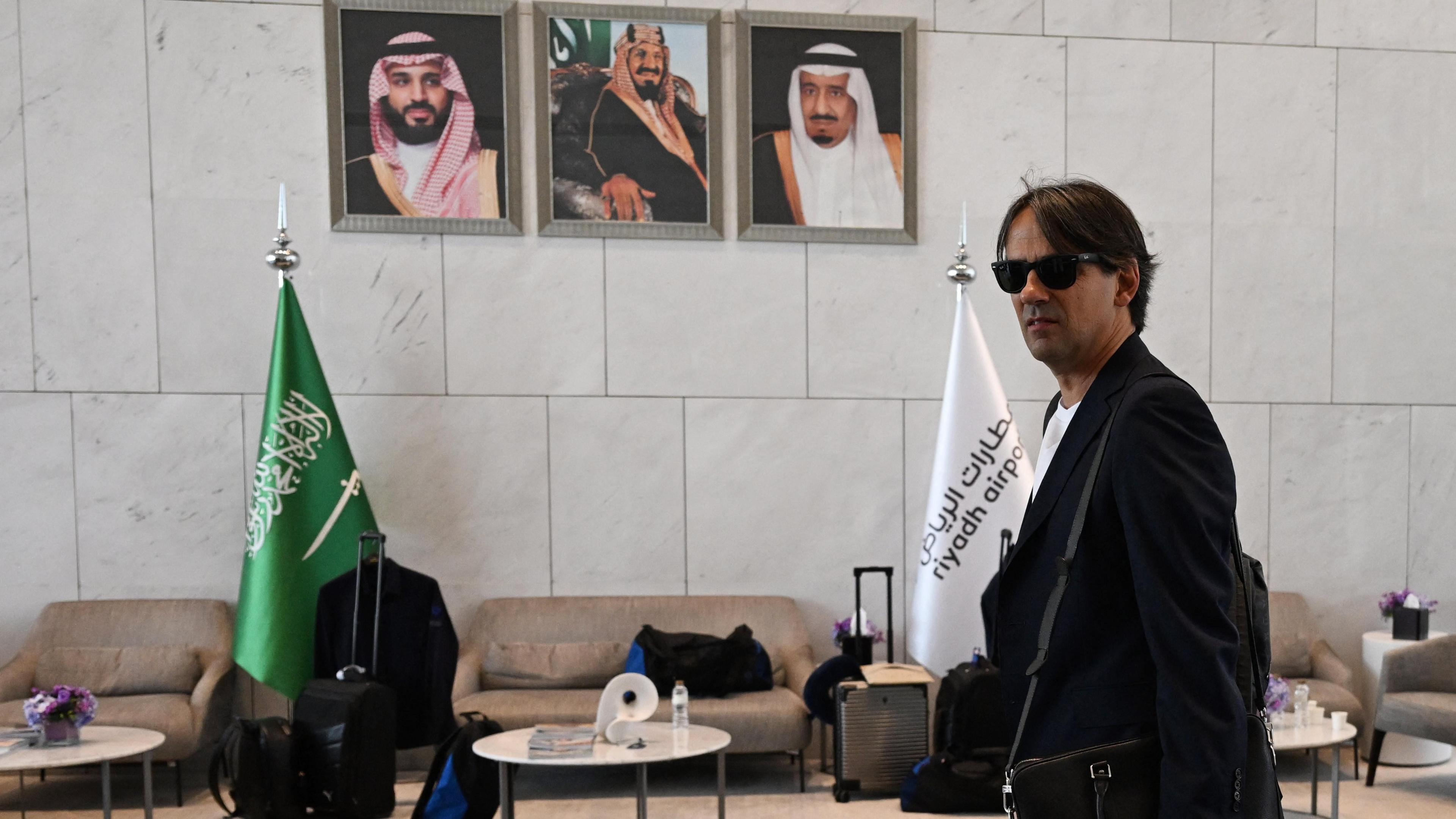 Al-Hilal caput  manager  Simone Inzaghi pictured astatine  King Khalid International Airport