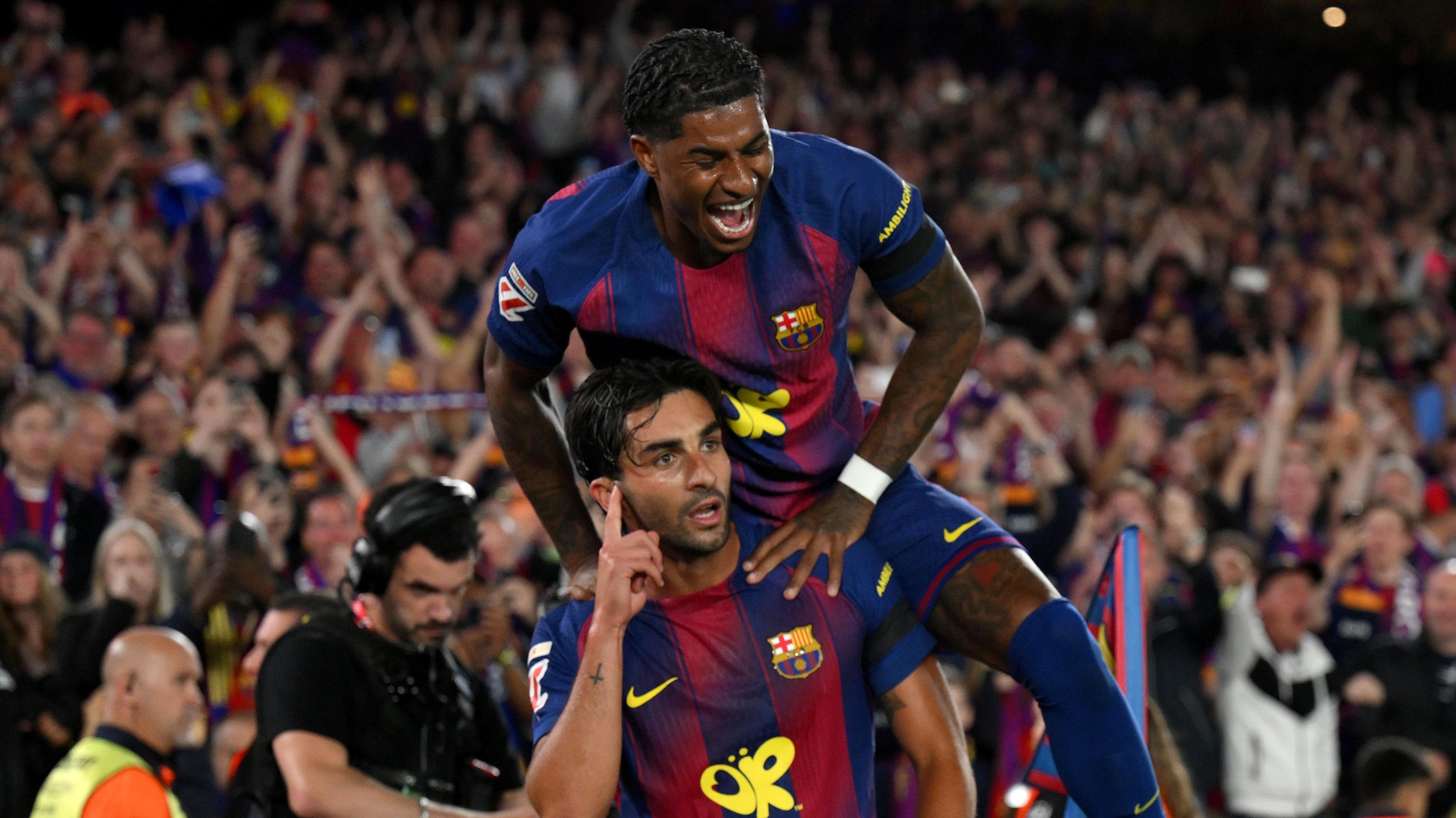 Marcus Rashford celebrates a goal for Barcelona