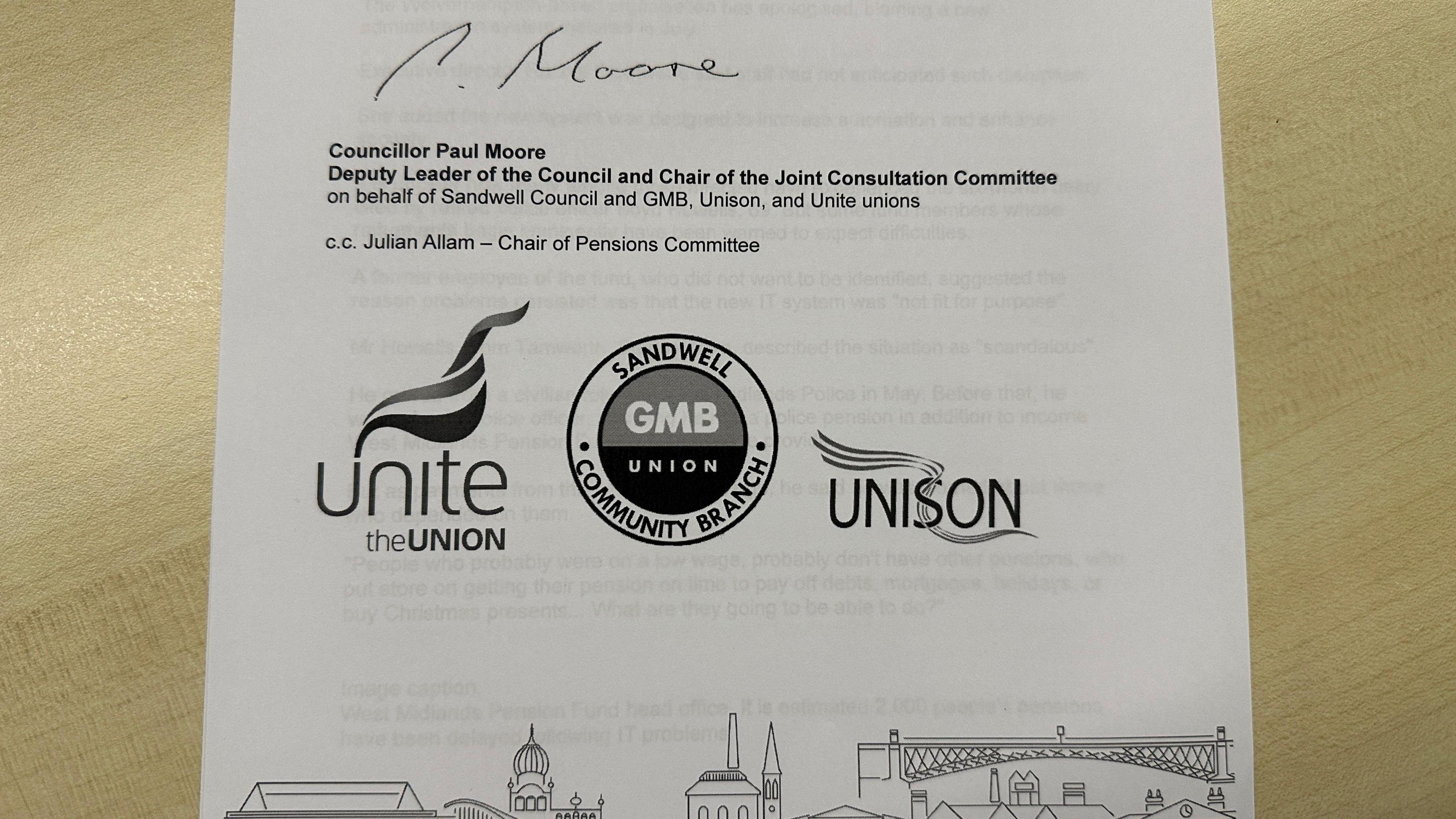 A photograph of the foot of a typed letter, signed "Councillor Paul Moore... on behalf of Sandwell Council and GMB, Unison and Unite Unions" 