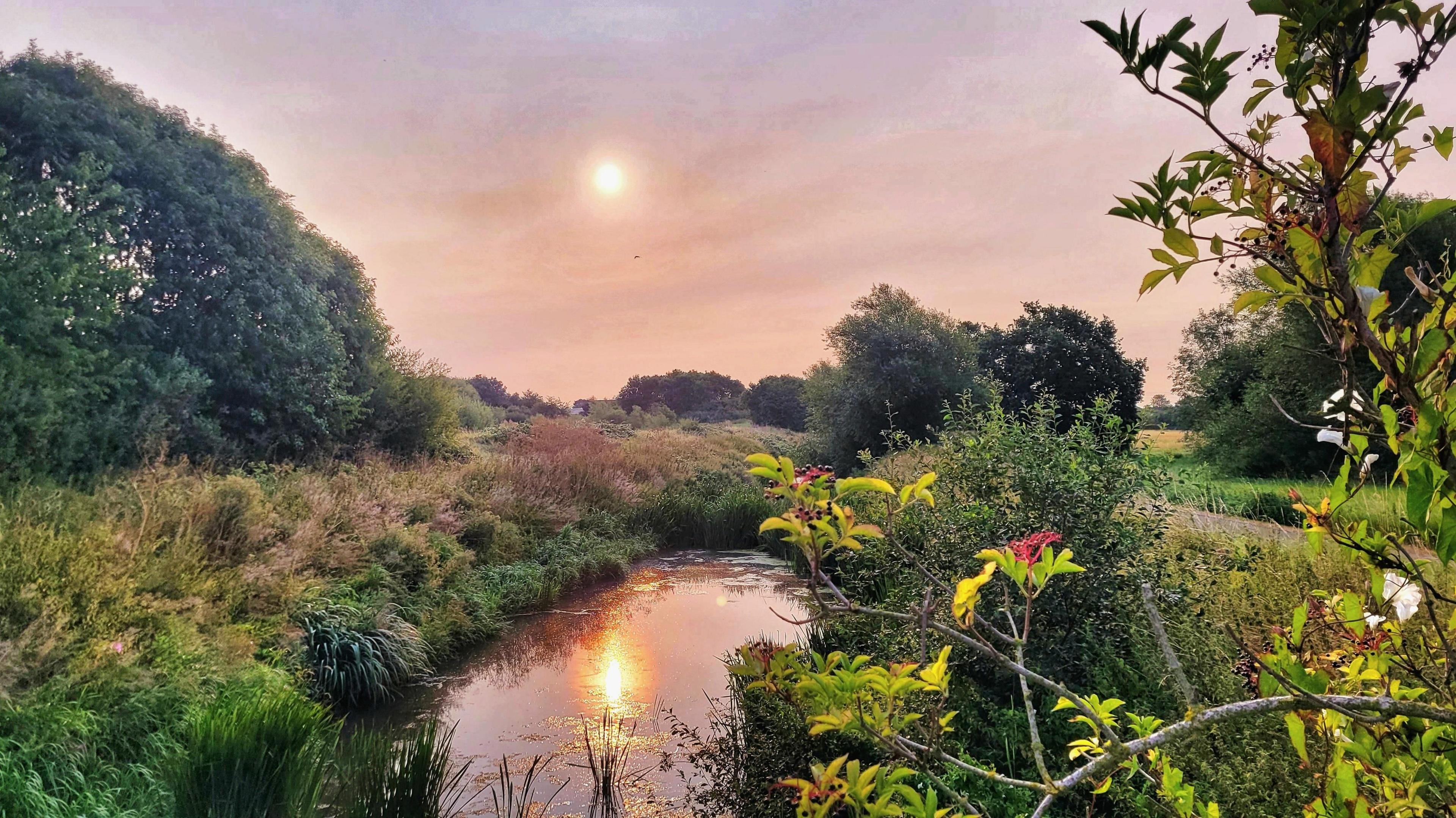 Sunset shown in a rural setting