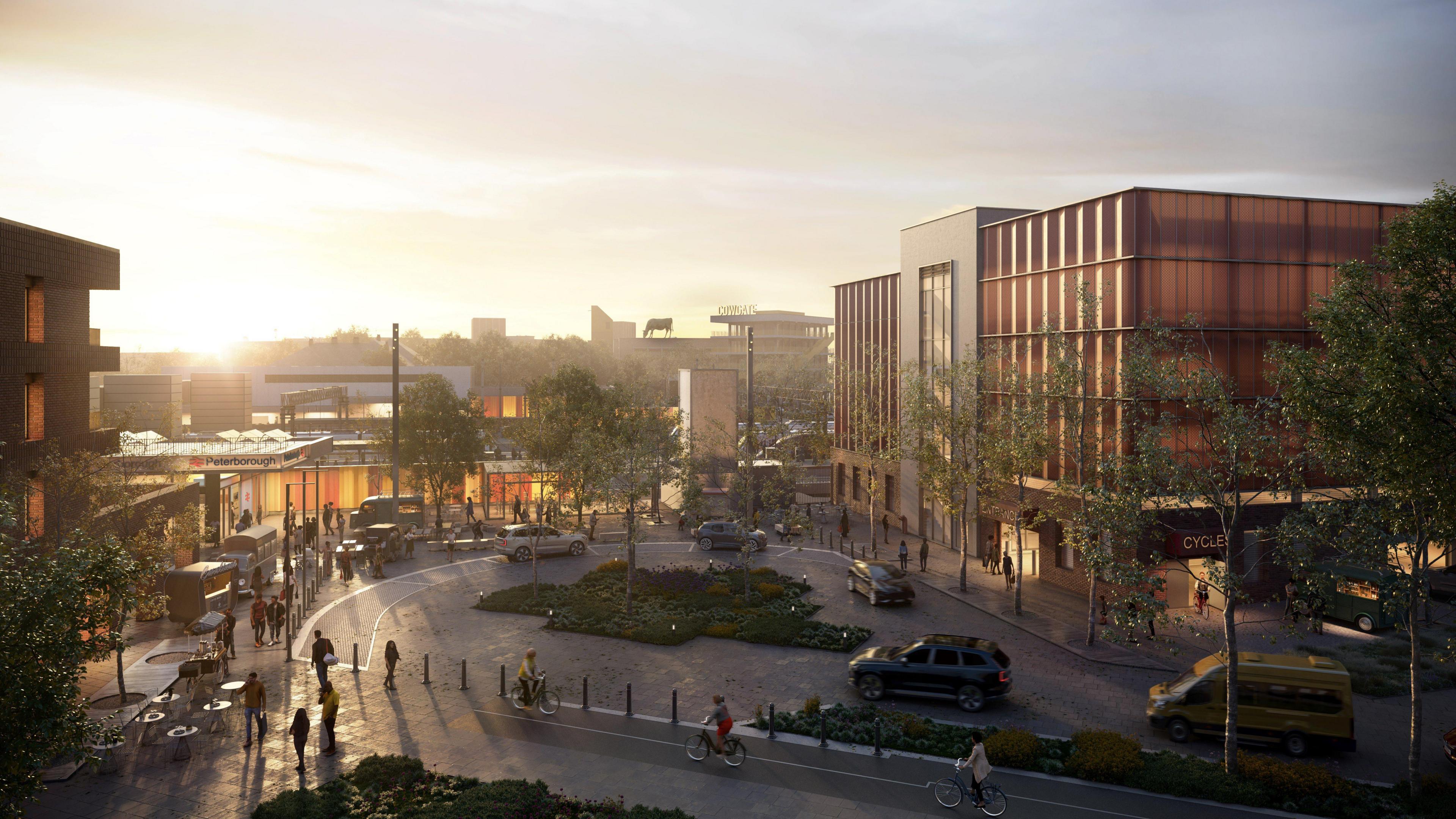 Graphic shows the western entrance to Peterborough station, where there is an area for cars to drop off passengers.