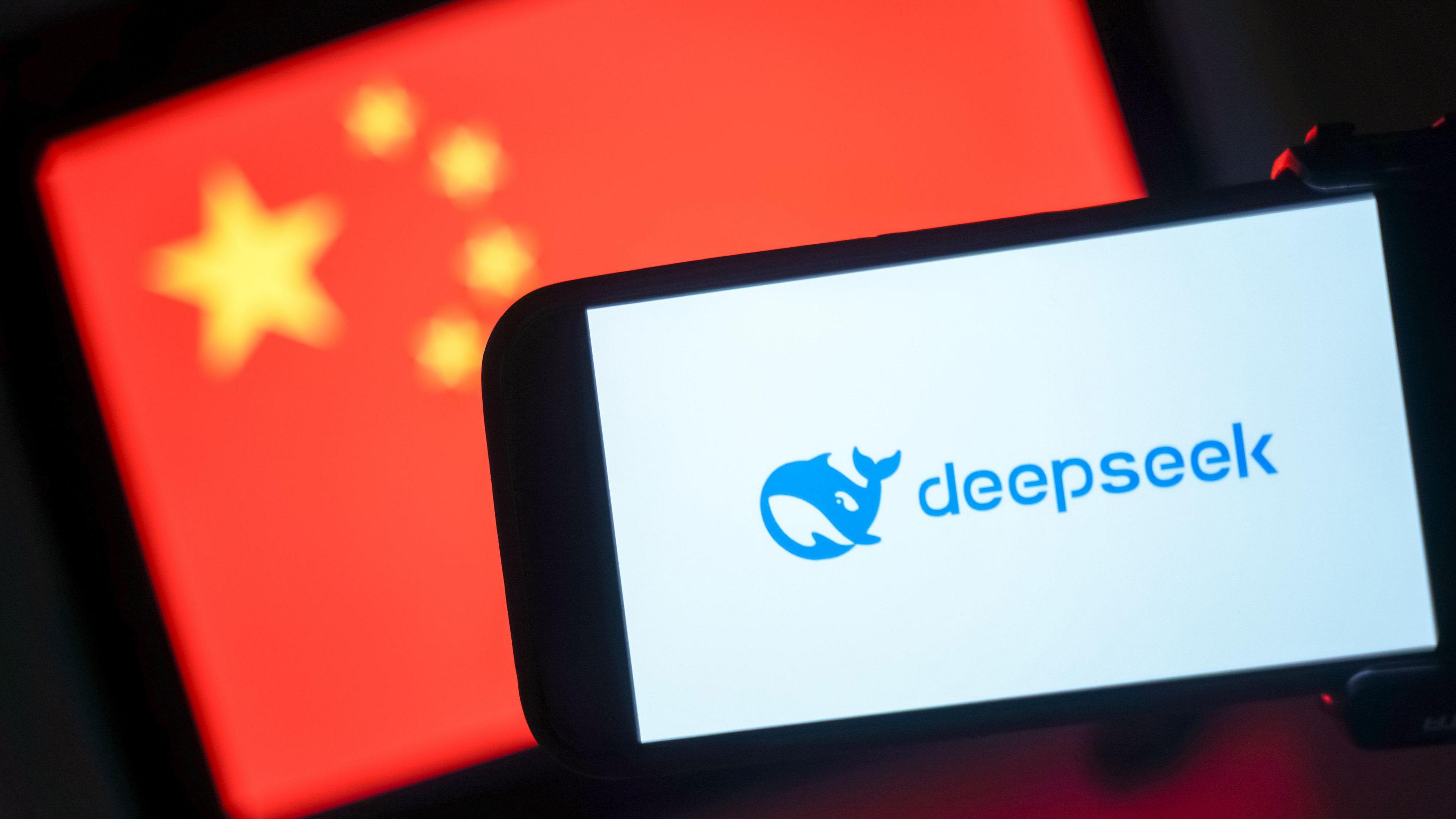 Illustration of DeepSeek logo in front of a Chinese flag