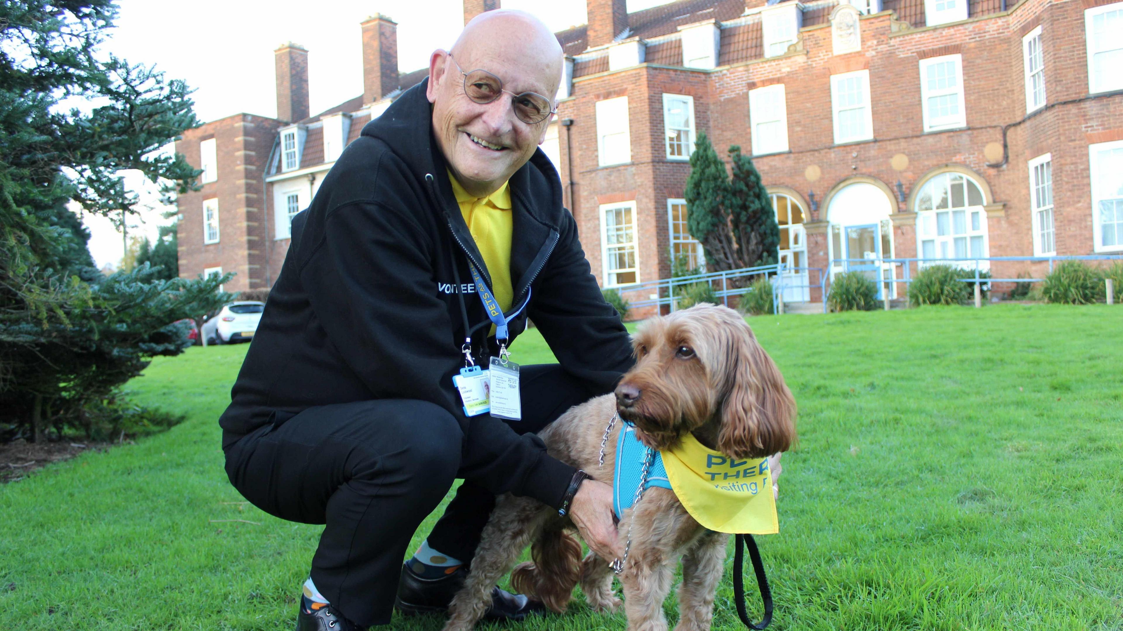 Denis is crouching down holding Banrey underneath his tummy on a green lawn in front of a large, red-brick hospital building.  Barney wears a yellow neckerchief which identifies him as a therapy dog.