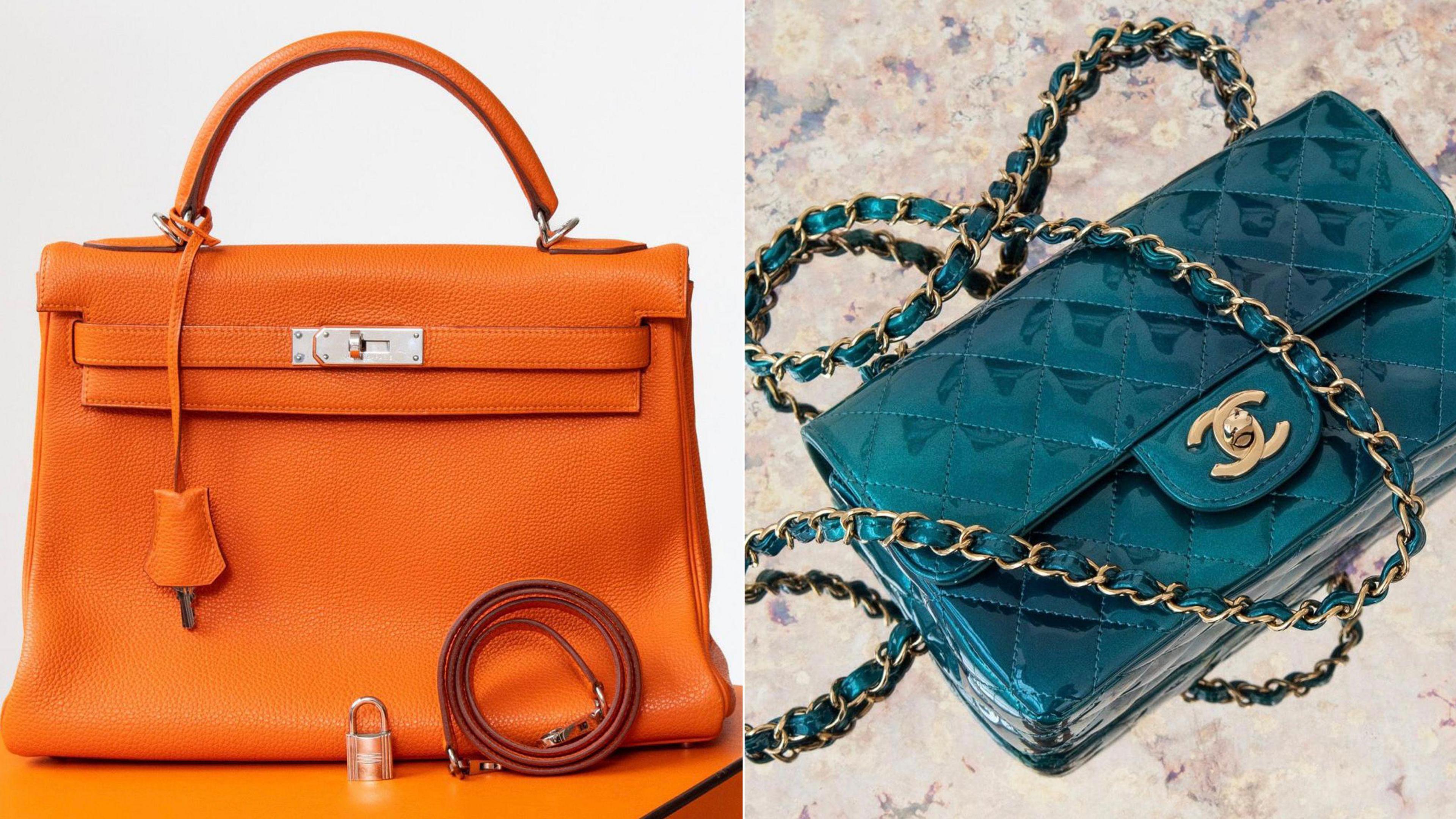 Orange bag with handle and padlock and turquoise Christian Dior handbag with gold strap