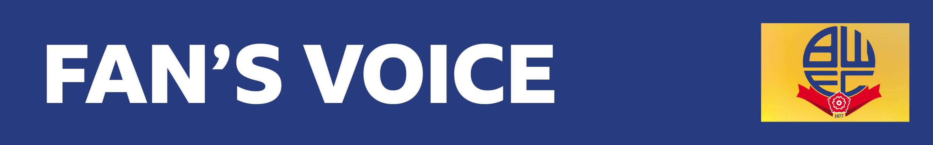 A blue banner with 'fan's voice' written in white letters and the Bolton Wanderers club badge on top of a yellow square on the right of the banner