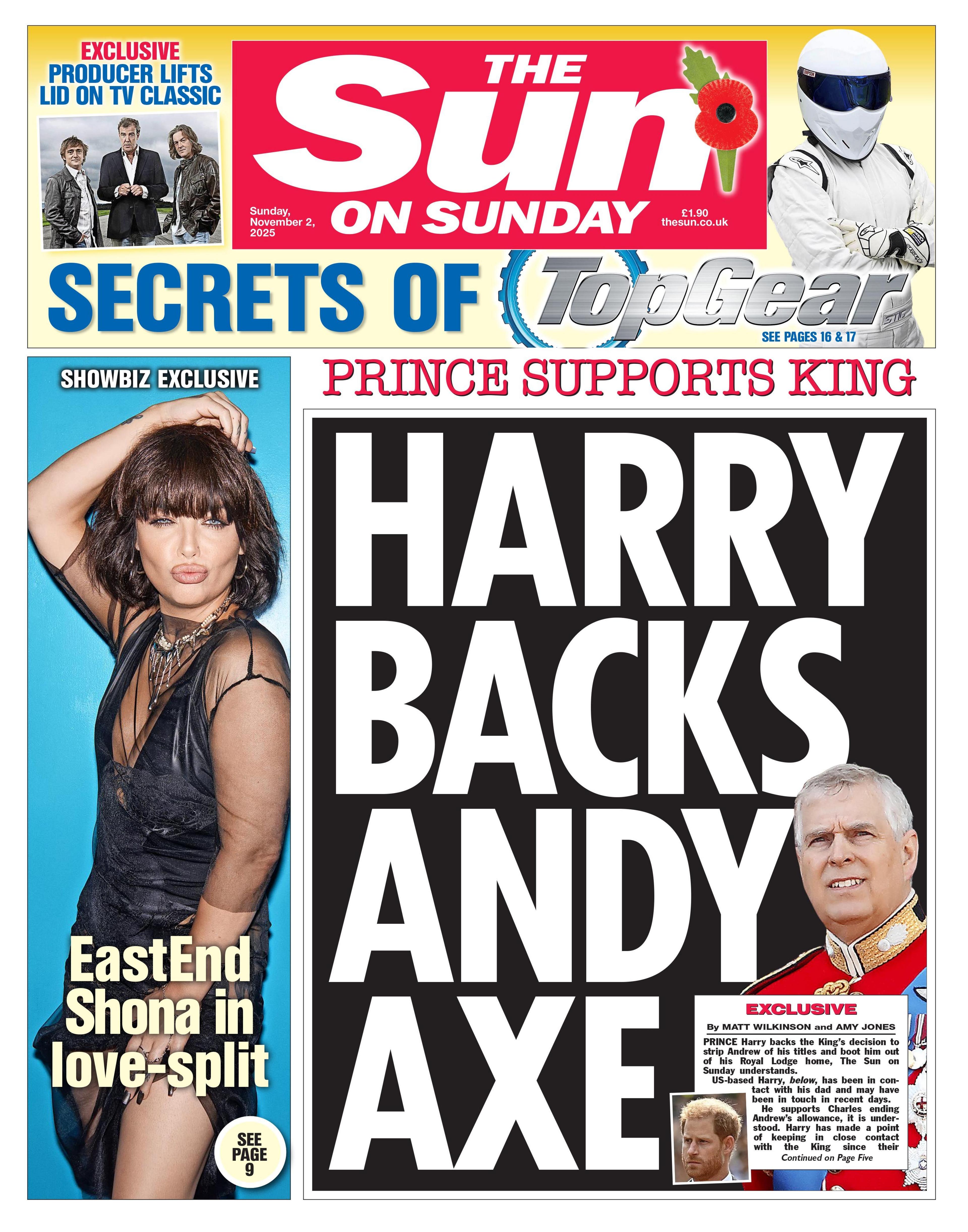 "Harry backs Andy axe," reads the headline on the front page of the Sun.