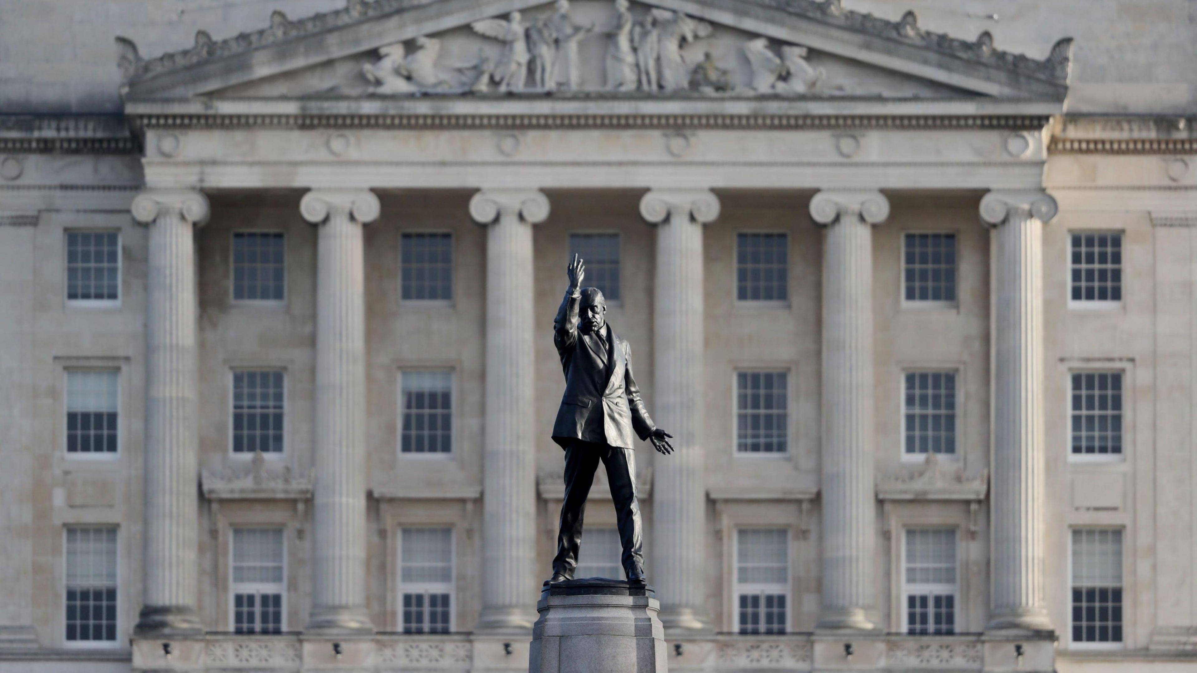 A general view of Stormont Parliament in Belfast, Northern Ireland. In the foreground is a statue of Lord Carson 