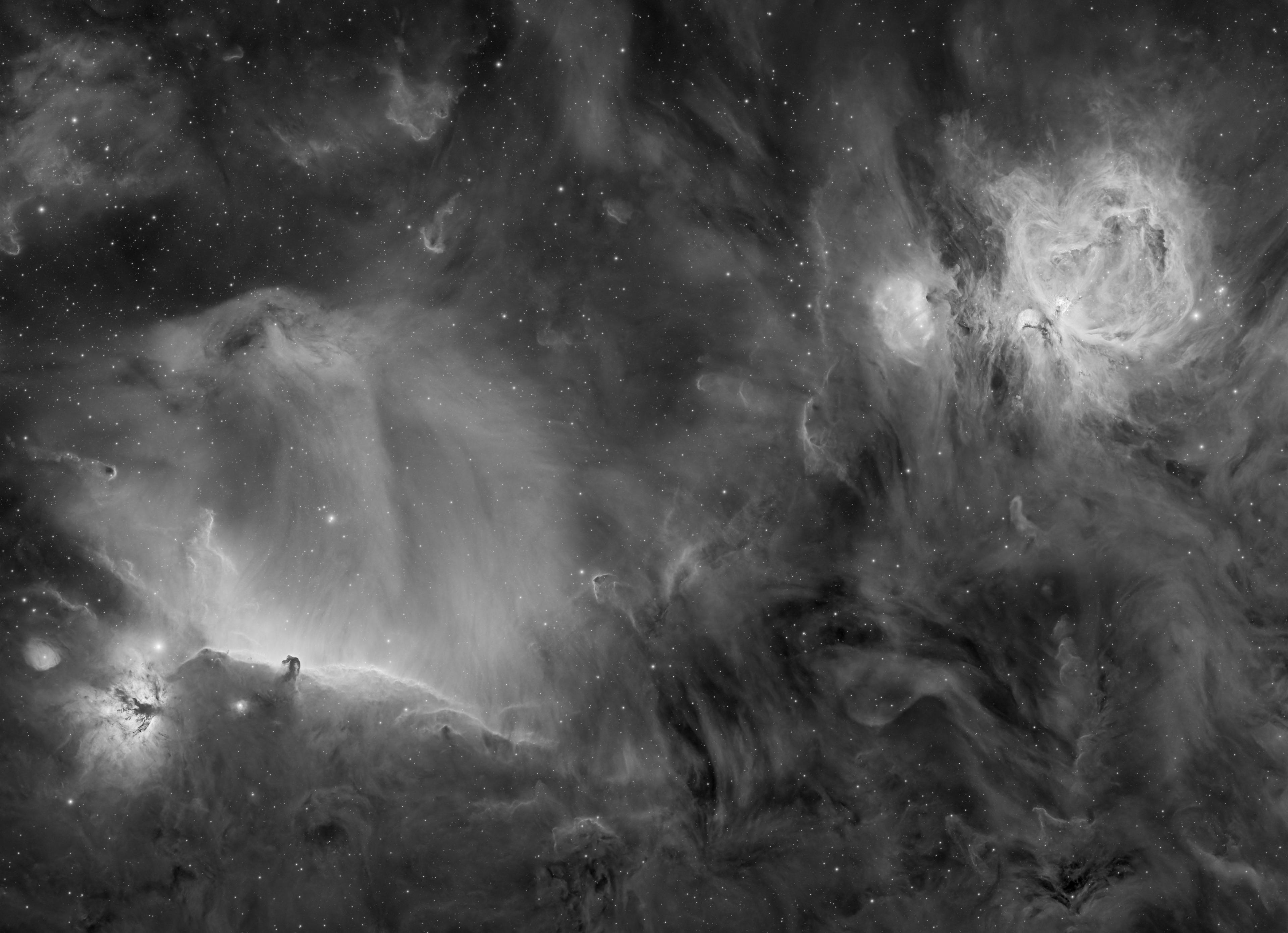 An inky looking image of the Horsehead nebula – a dense dark cloud of gases. The photograph taken in Bergamo, Italy, also shows the Flame and Orion nebulae
