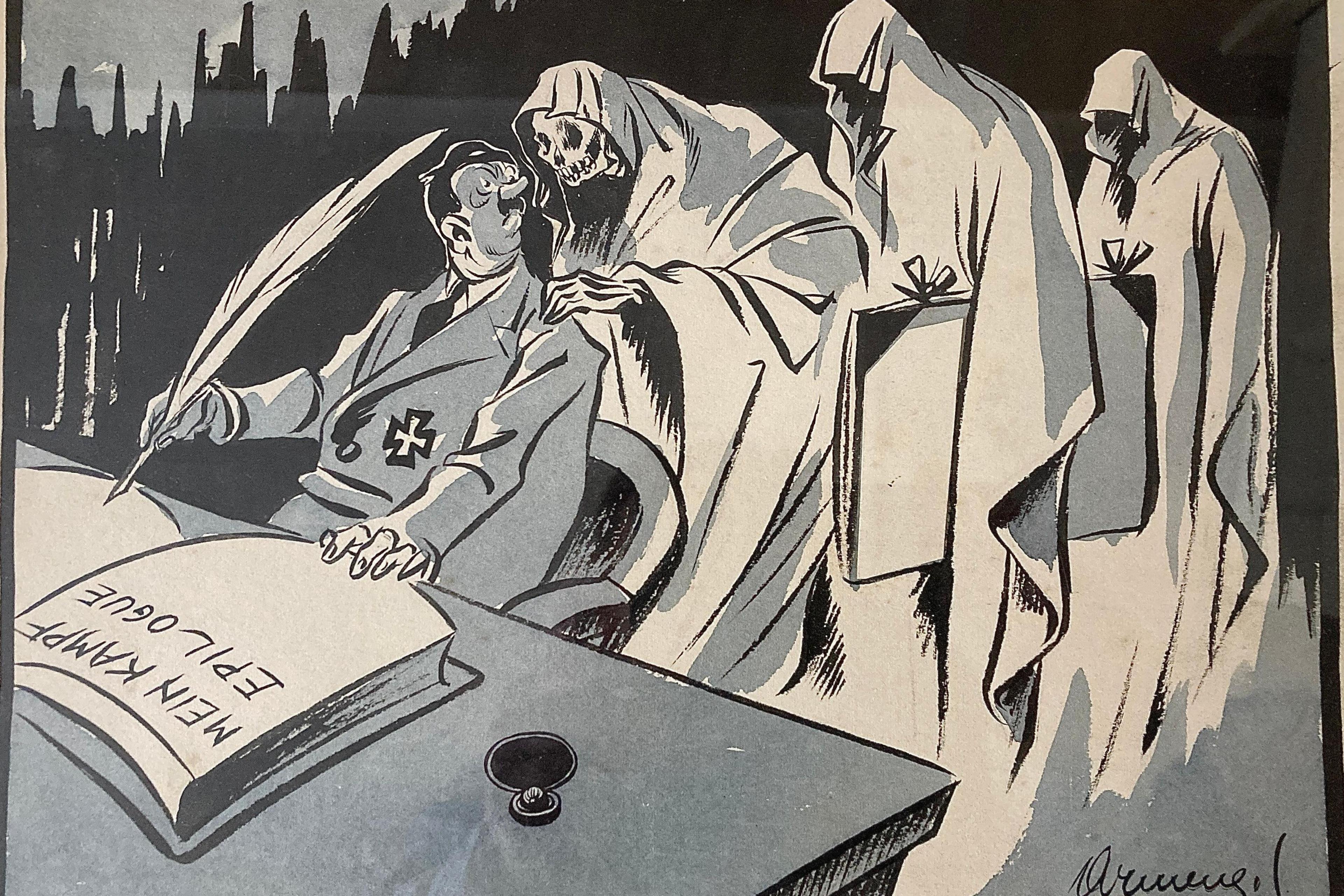 A black and while cartoon shows Hitler writing his book Mein Kampf, but with cloaked, skeletal figures at his shoulder.