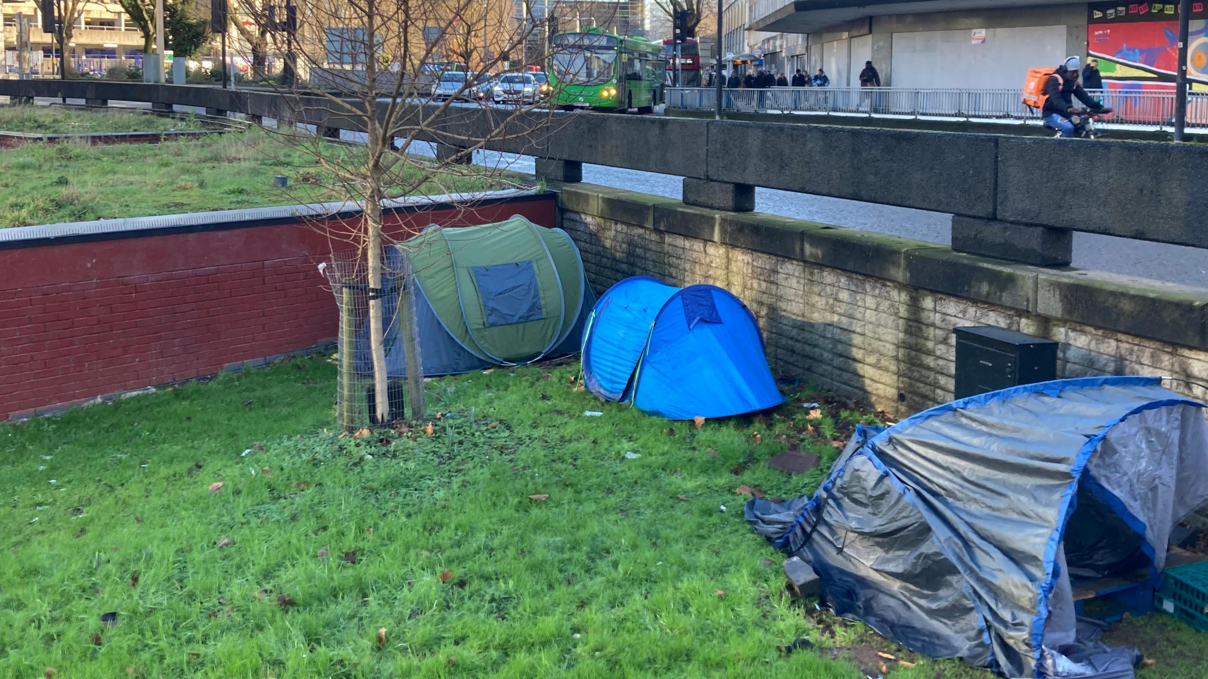 Tents pitched on the grass beneath the Bearpit roundabout in Bristol city centre