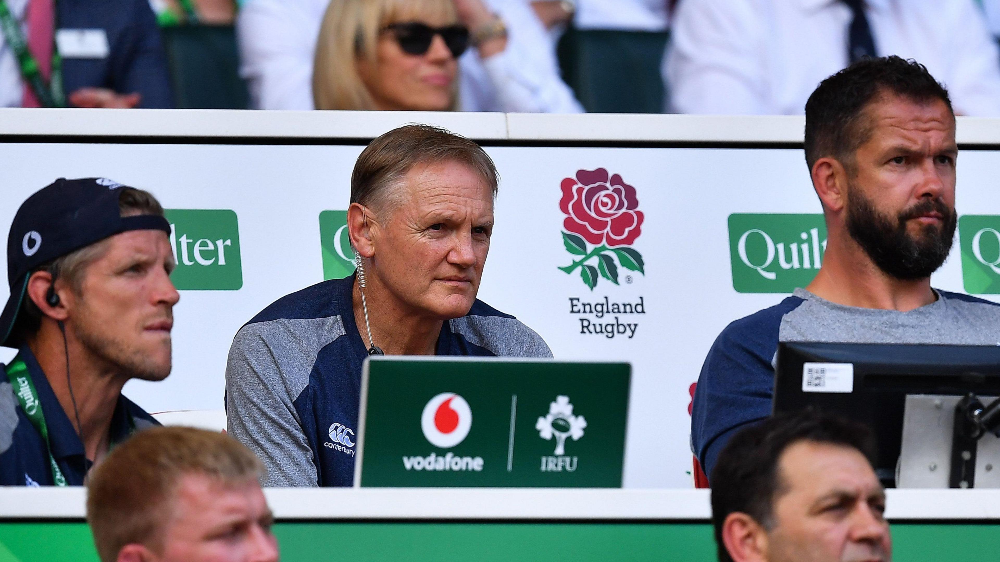 Simon Easterby, Joe Schmidt and Andy Farrell watch England v Ireland in 2019